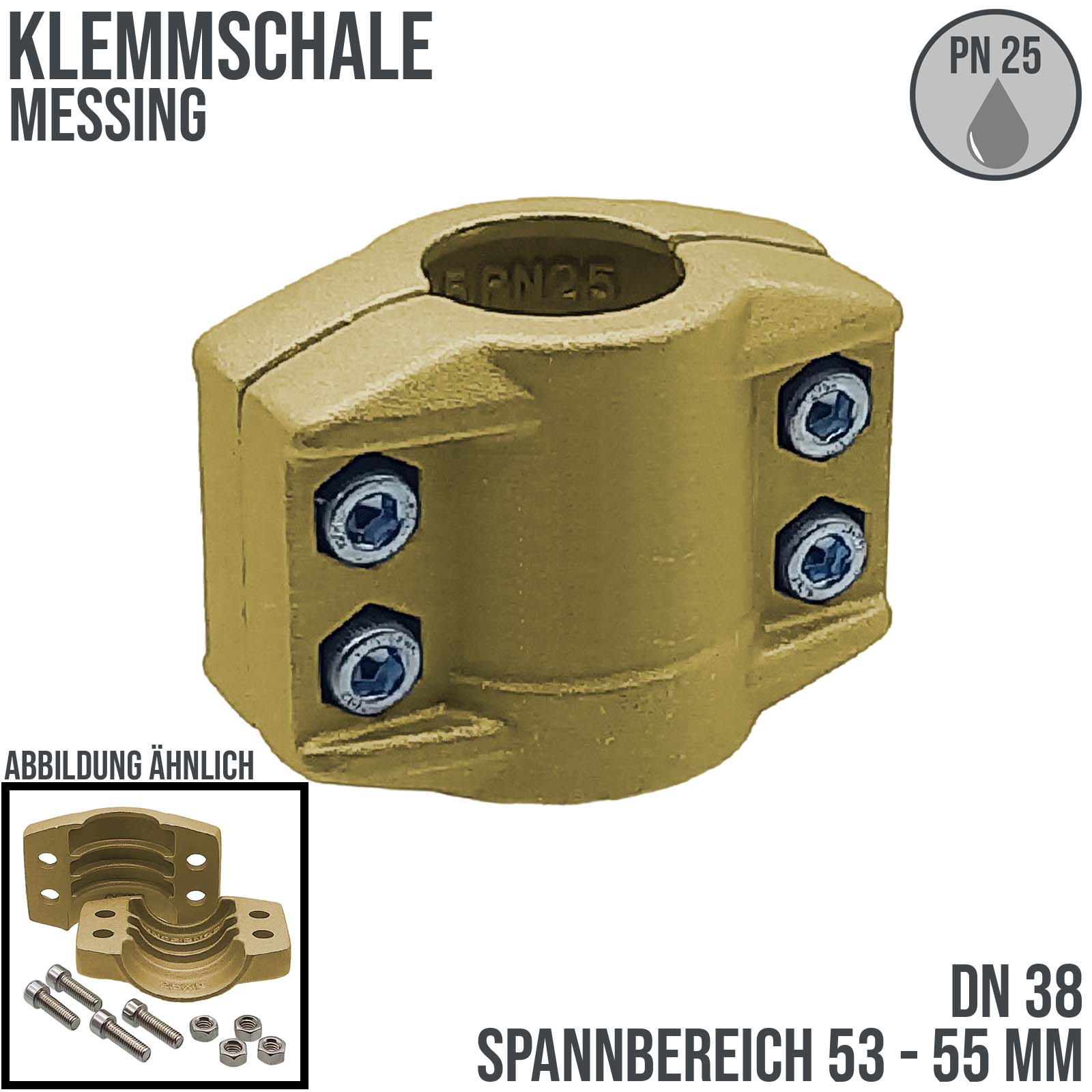 DN 38 Klemmschale Messing Spannbereich 53 - 56 mm für Schlauch ID x AD 38 x 54 mm - PN 25 bar