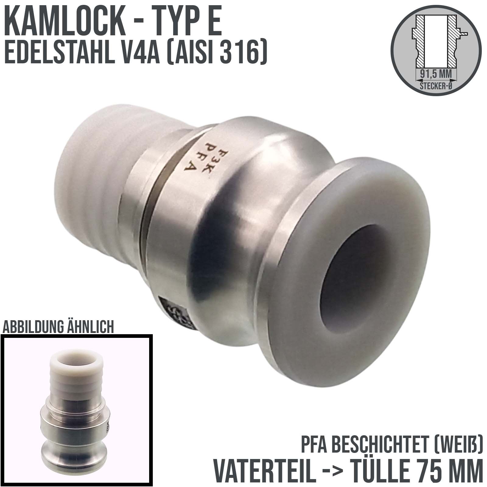 Kamlock Typ E - Vaterteil (91,5 mm) Edelstahl V2A (AISI 316) -> gerillter Stutzen DN 75 mm PFA beschichtet - PN 25 bar