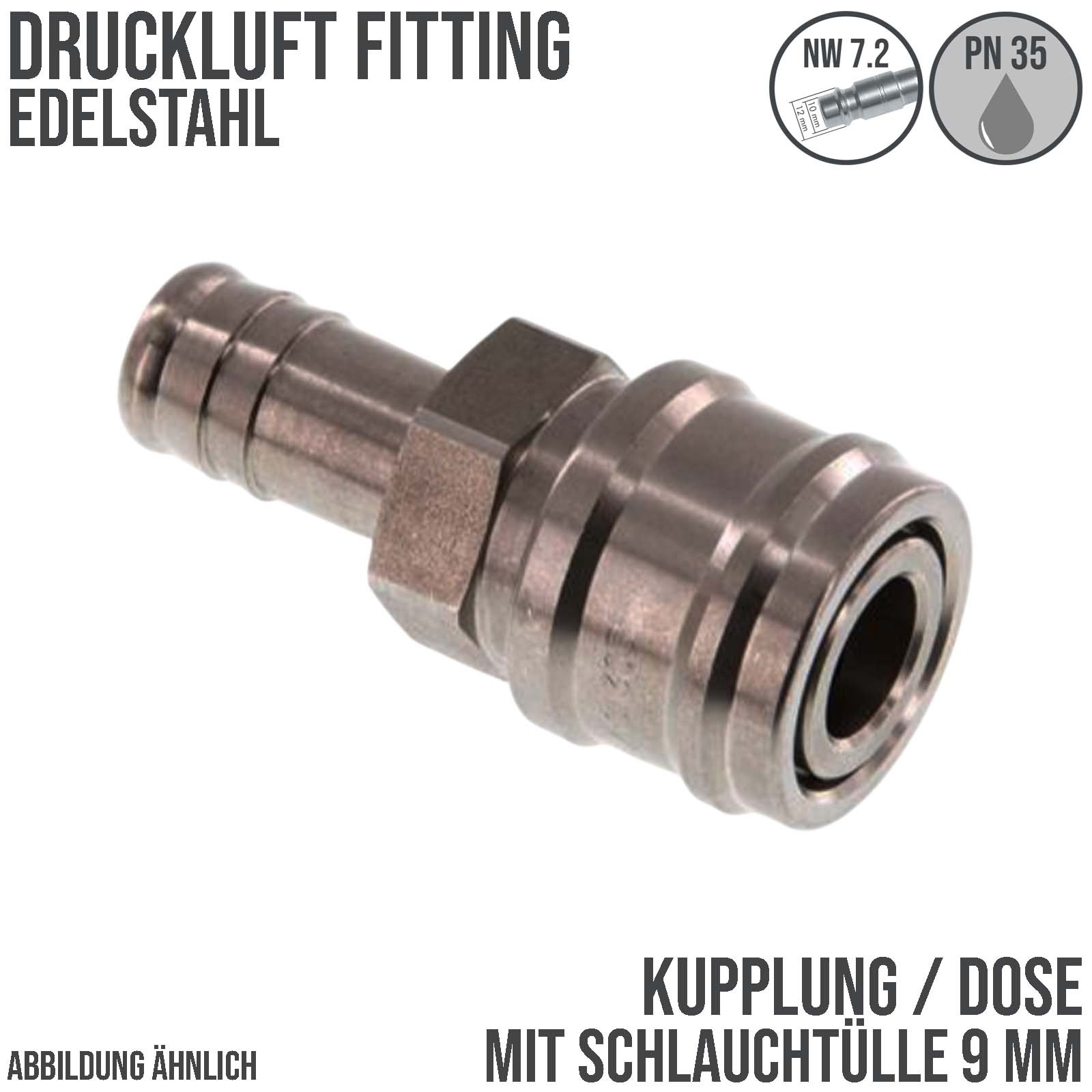 9 mm Druckluft Kupplung Dose Schnell Edelstahl NW 7,2 Tülle LW - PN 35 bar