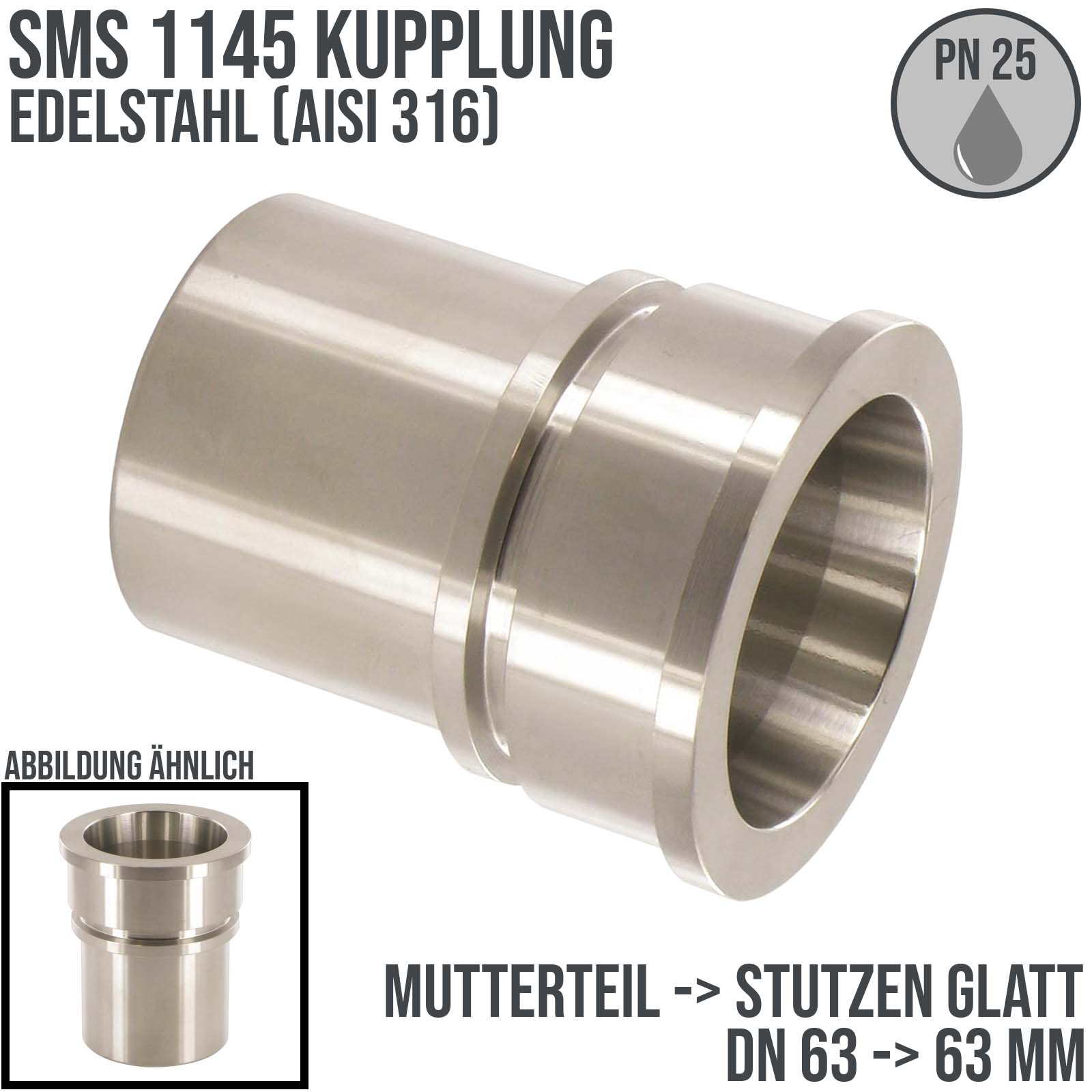DN 63 SMS Kupplung 1145 Mutterteil MT Außengewinde Sicherungsbund - Stutzen glatt 63 mm - PN 25 bar