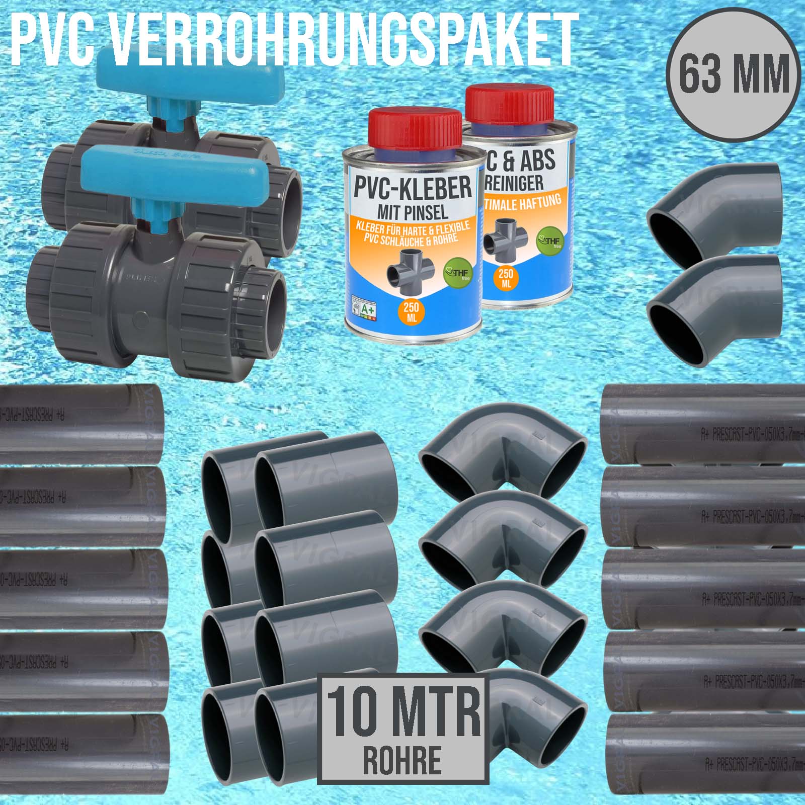 63 mm PVC Klebe Fittings Verrohrungspaket Pool Schwimmbad Schlauch Rohr FEST - 10 m - blau