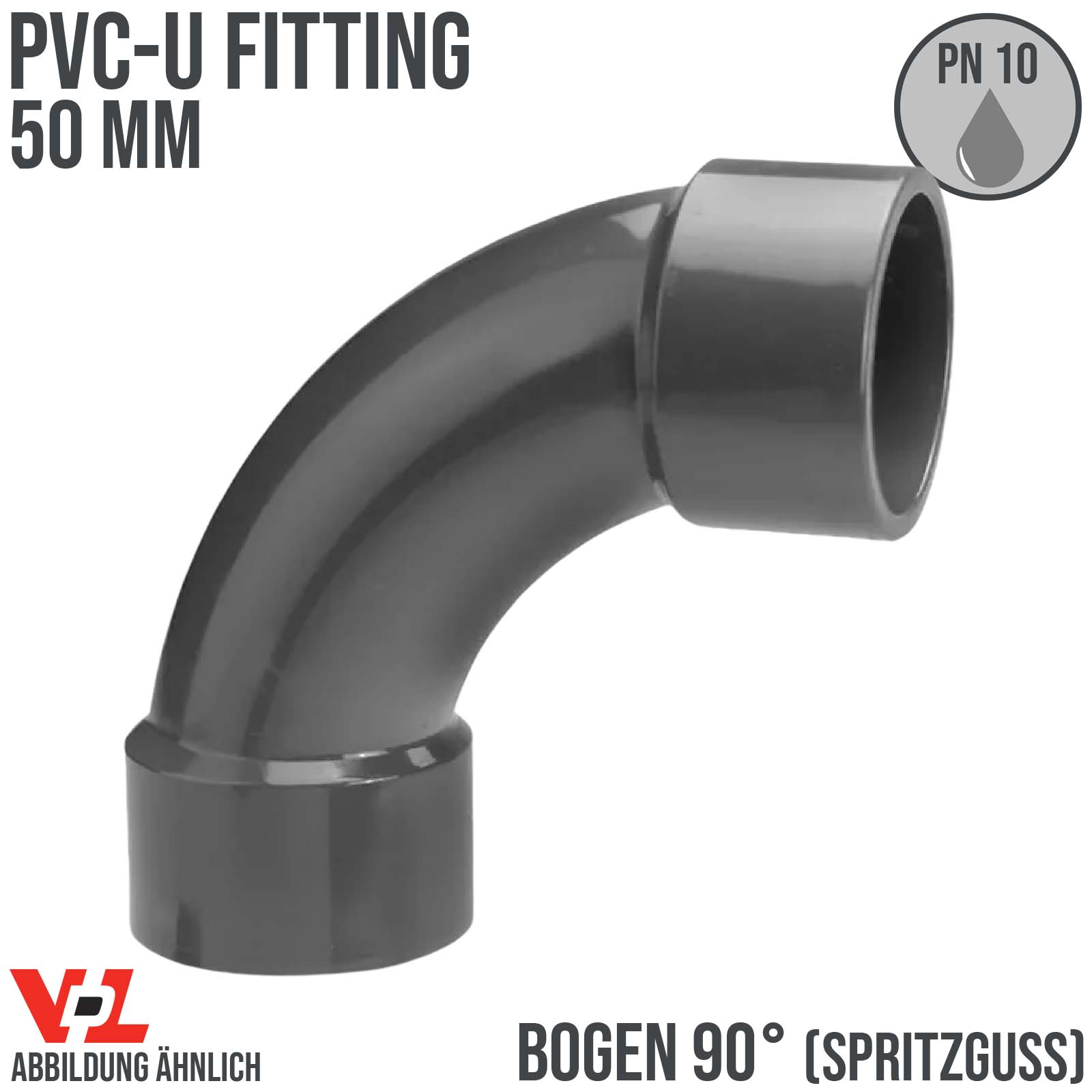 50 mm VDL PVC Klebe Fitting Bogen Winkel 90° (Spritzguss) Muffe Verbinder - PN 16 bar
