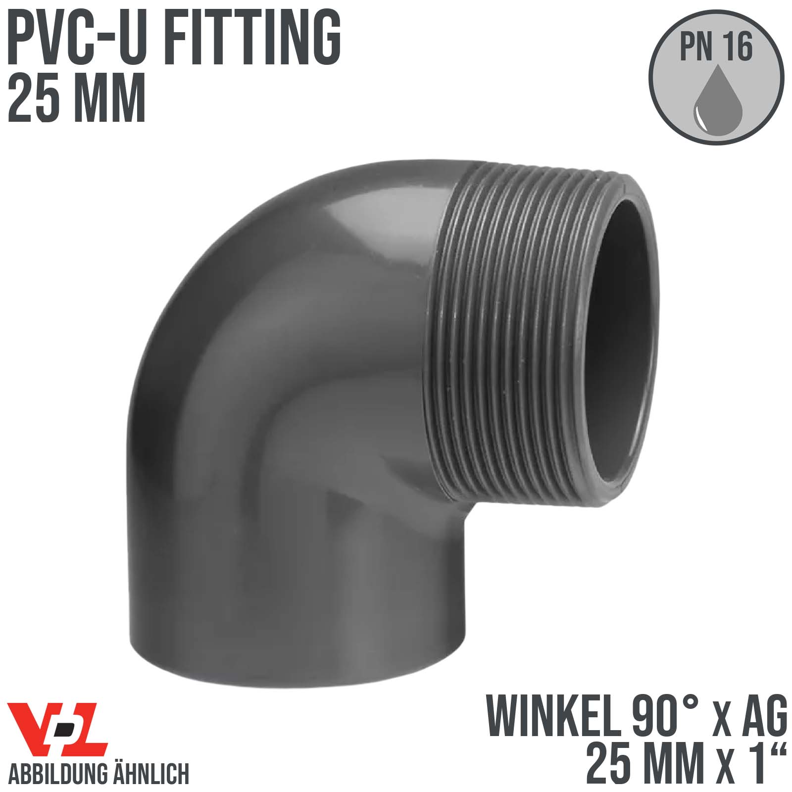 25 mm VDL PVC Klebe Fitting Winkel 90° Außengewinde AG 25 mm x 1" - PN 16 bar