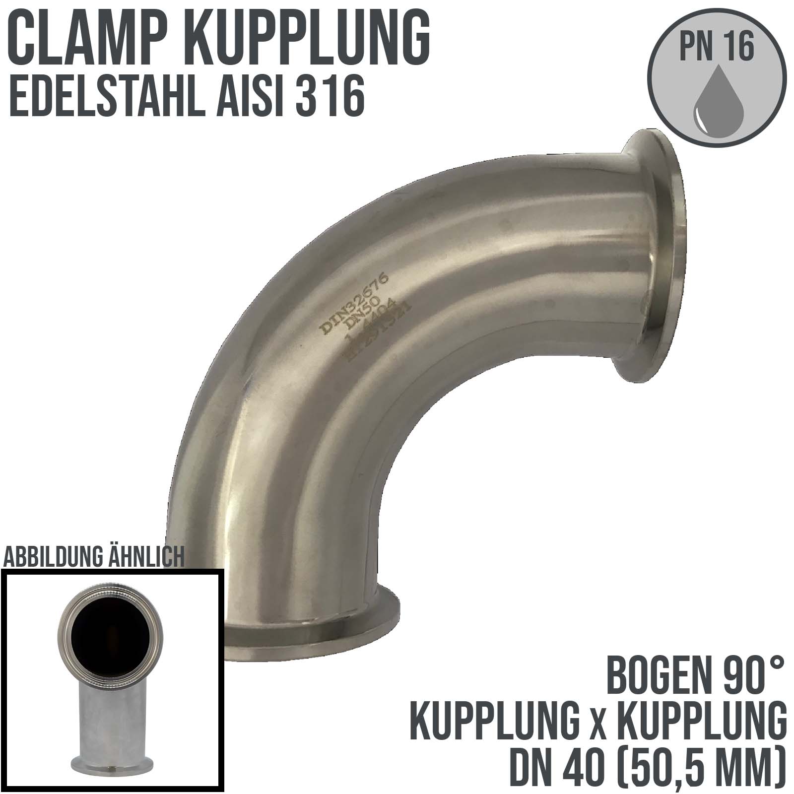 CLAMP Kupplung Bogen 90° 50,5 mm DIN 32676 Flansch Teller DN 40  1 1/2" - PN 16 bar