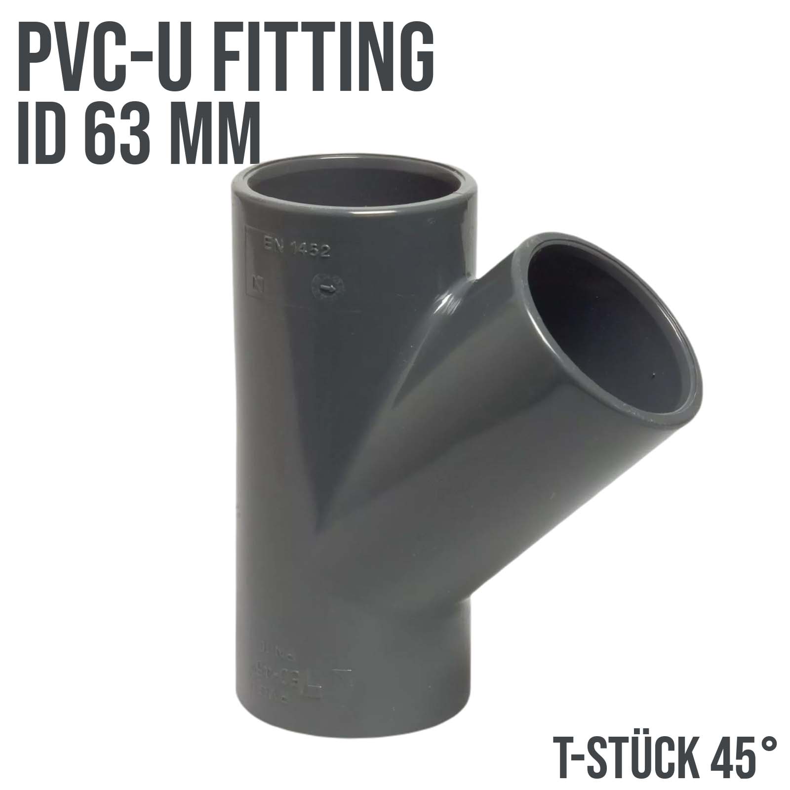 63 mm PVC Klebe Fitting T-Stück 45° Winkel Muffe Verbinder - PN 16 bar