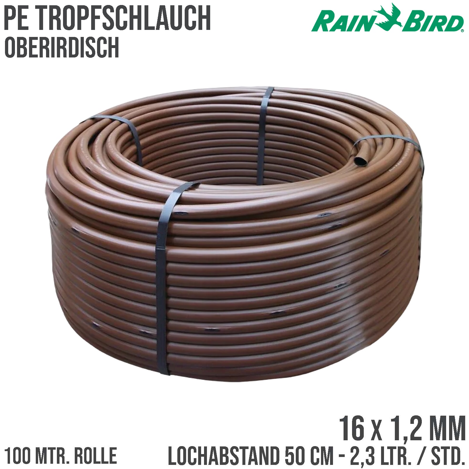 Rain Bird Tropfschlauch Oberirdisch PE 16 mm x 1,2 mm 2.3ltr/h 50 cm braun Typ PC inline XFD - 100 m