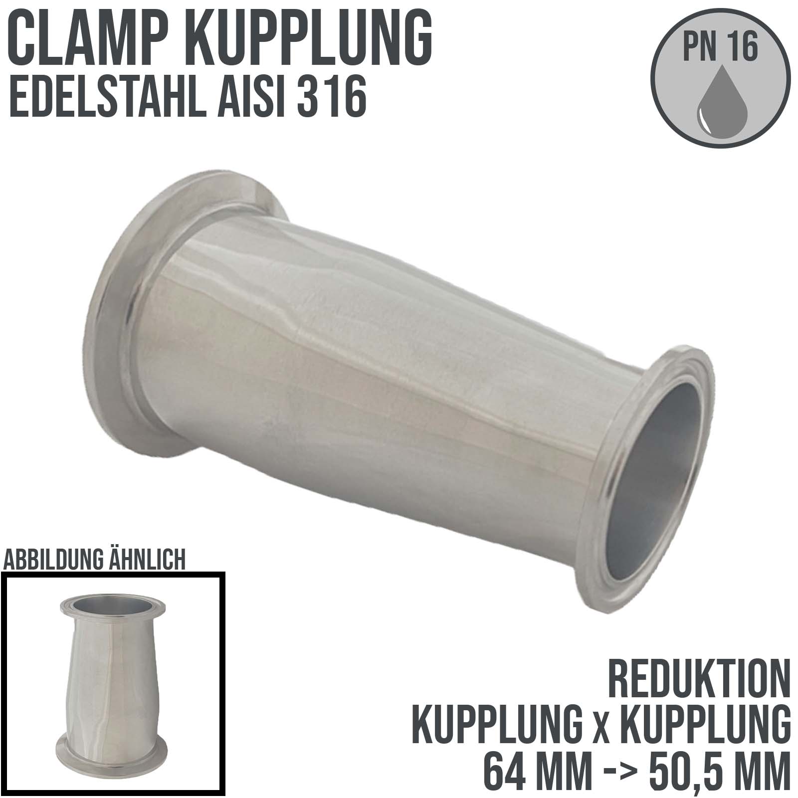 CLAMP Reduktion DIN 32676 Flansch Teller Kupplung 64 mm auf 50,5 mm - PN 16 bar