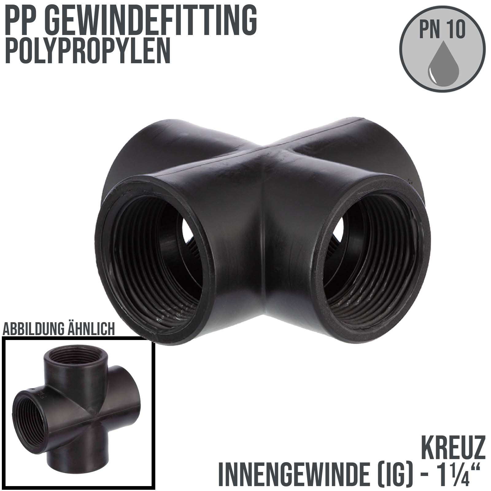 1 1/4 " PP Gewinde Fitting Kreuz schwarz Innen x Innengewinde IG Polypropylen - PN 10 bar
