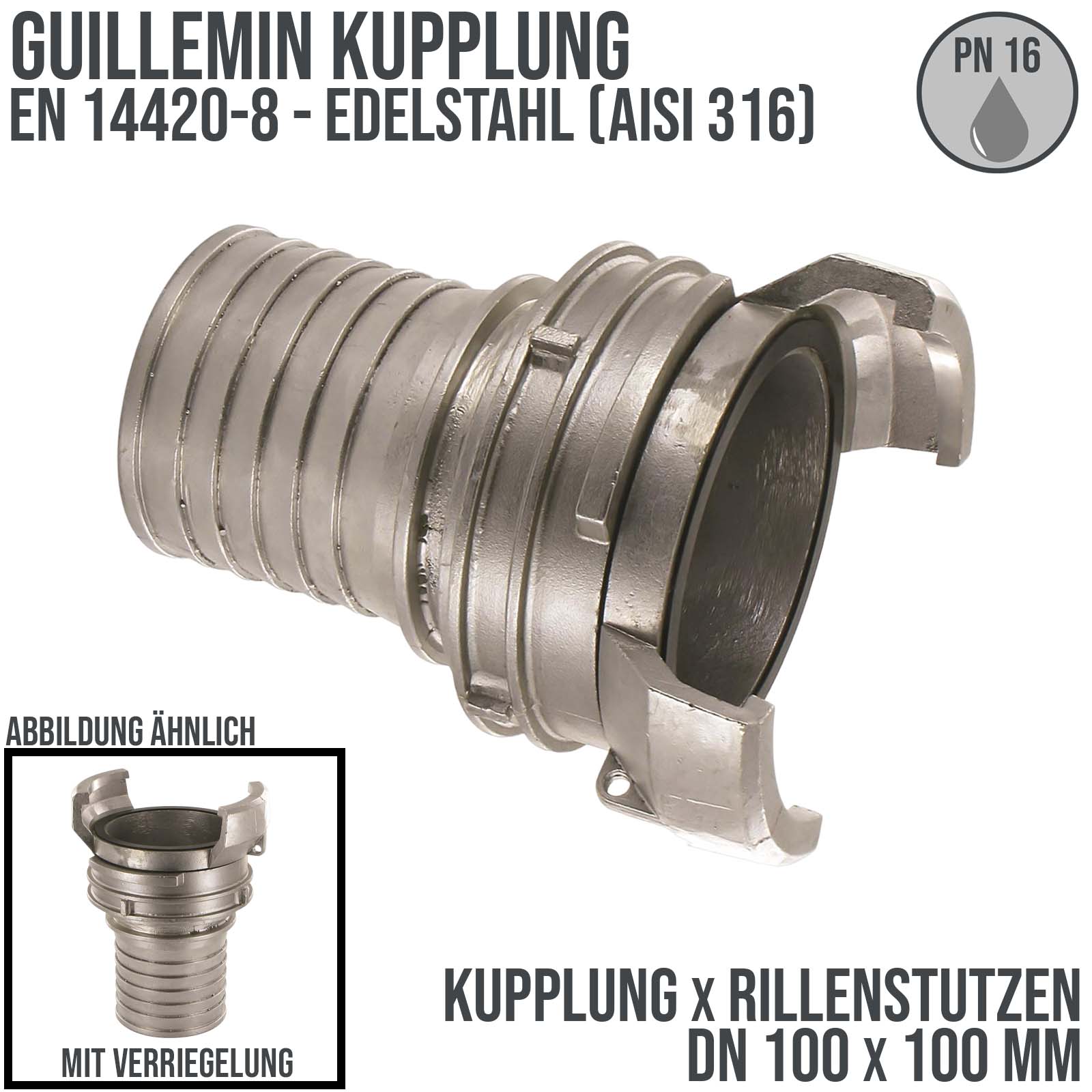 DN 100 Guillemin Kupplung Verriegelung Rillen Stutzen Tülle 100 mm Sicherungsbund Edelstahl AISI 316 - PN 16 bar