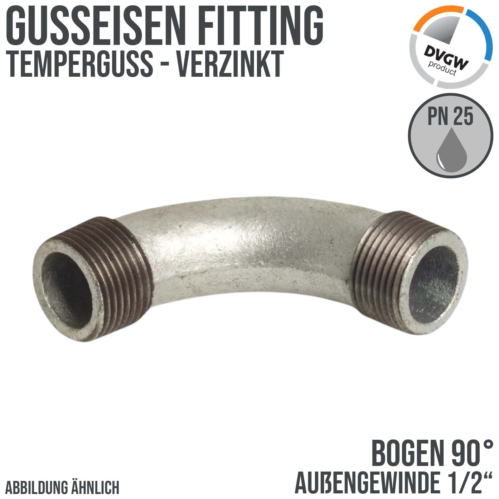1/2" Gusseisen Temperguss Fitting Bogen 90° Außengewinde AG DVGW PN 25 bar