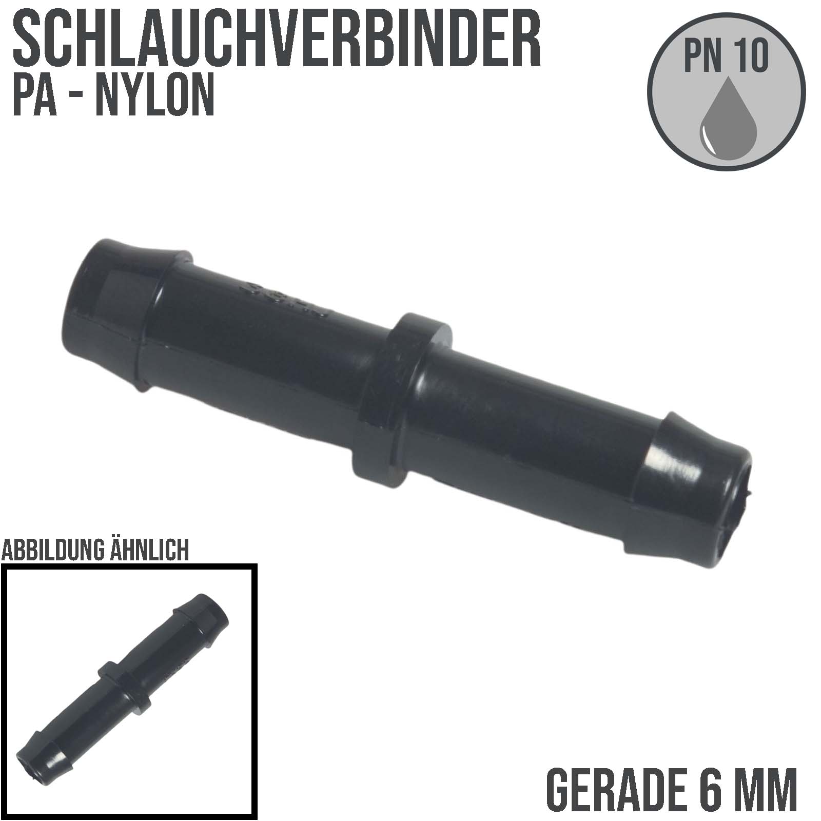 6 mm PA Nylon Schlauch Verbinder Stutzen Doppel Tülle Kupplung Fitting WF schwarz PN 10 bar