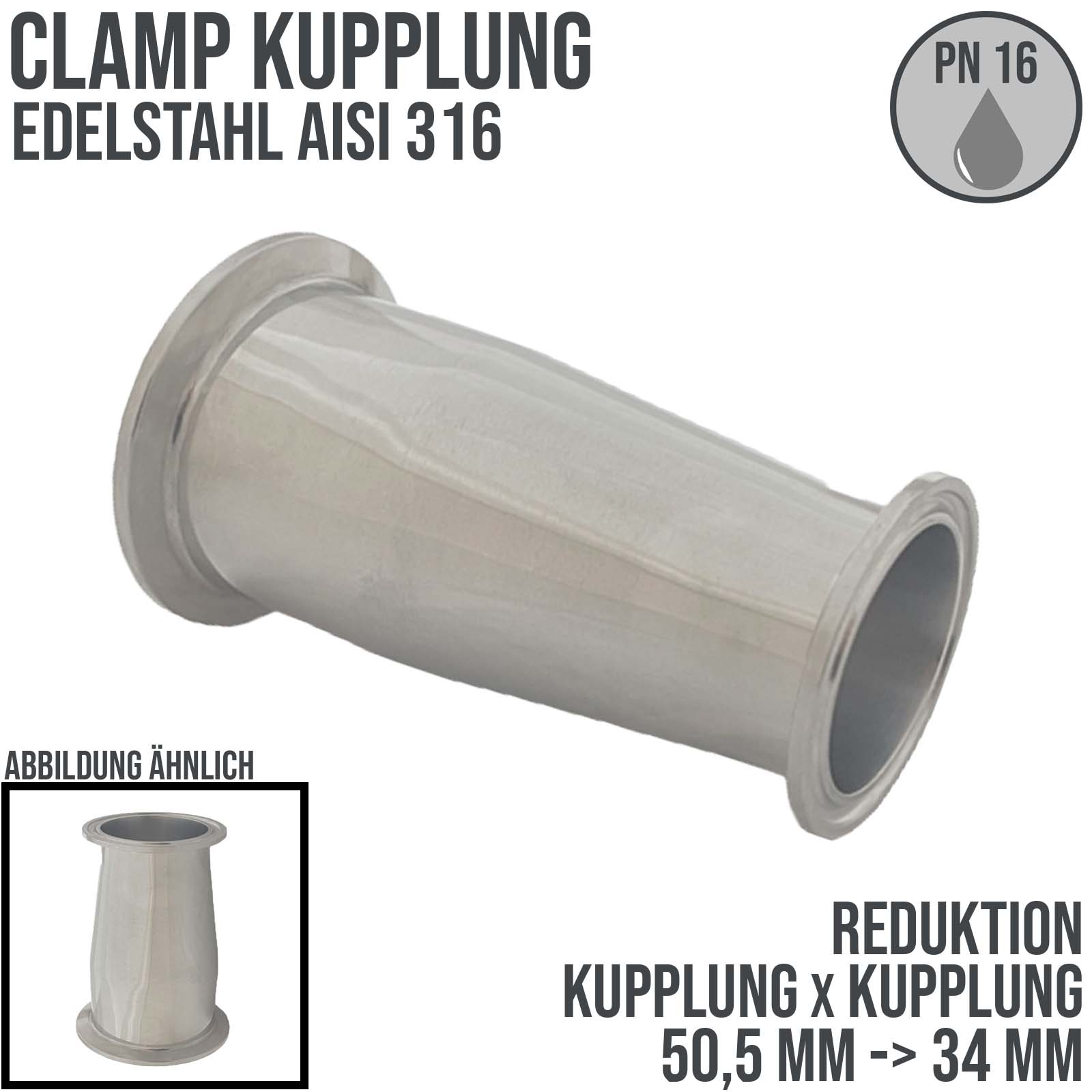 CLAMP Reduktion DIN 32676 Flansch Teller Kupplung 50,5 mm auf 34 mm - PN 16 bar