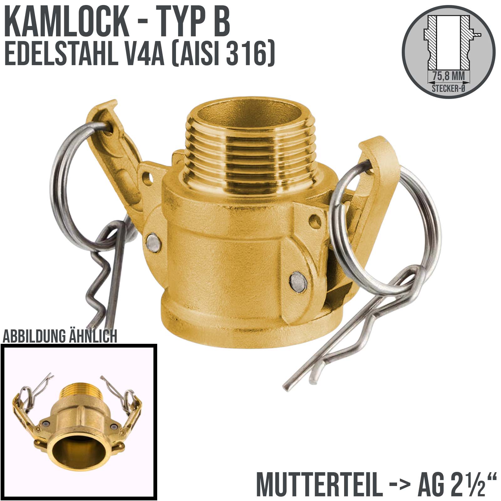 Kamlock Typ B - Mutterteil (75,8 mm) Messing MS mit Außengewinde (AG) 2 1/2" Zoll DN63 DN65 - PN 10 bar