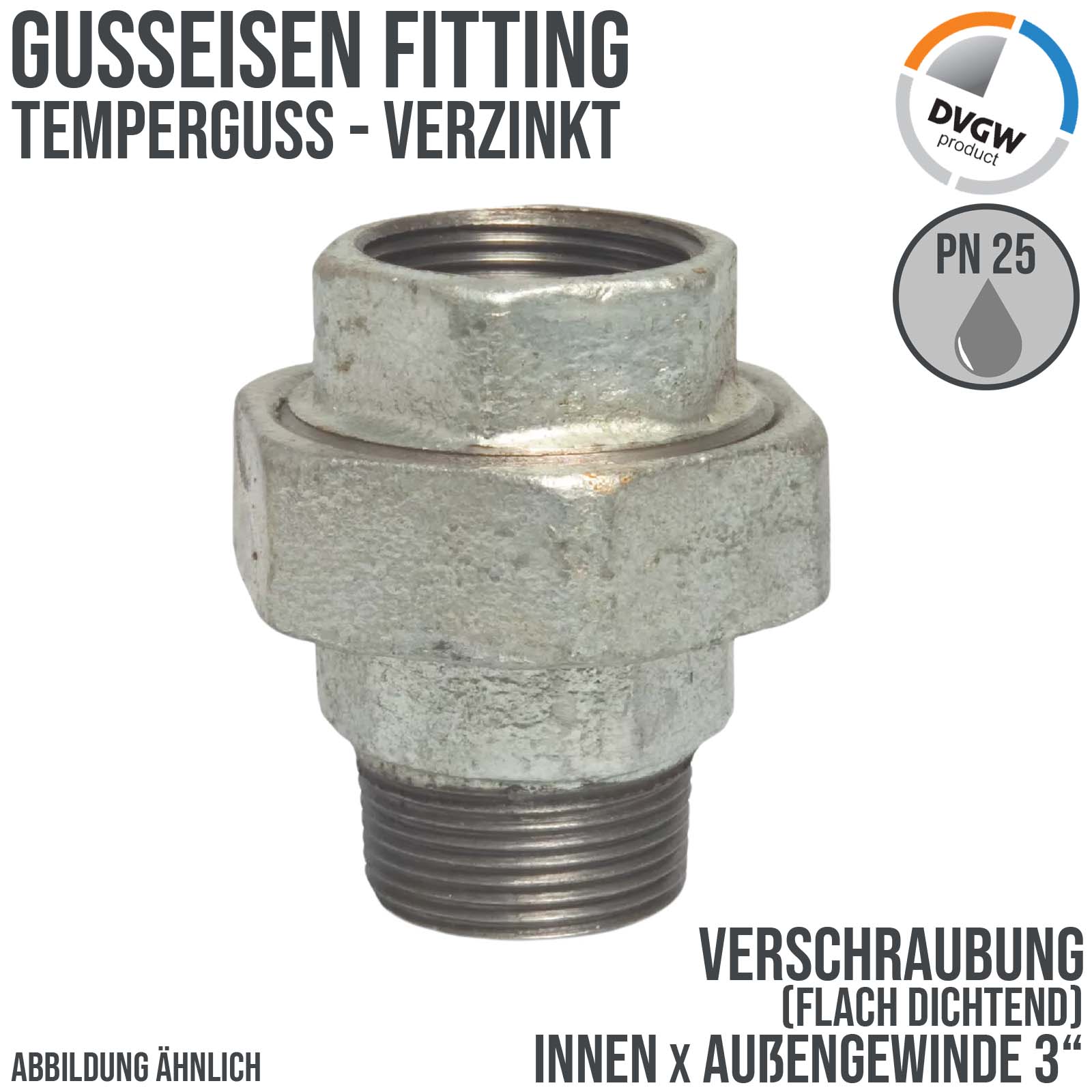 3" Gusseisen Temperguss Fitting Verschraubung Innen x Außengewinde IG x AG DVGW PN 25 bar