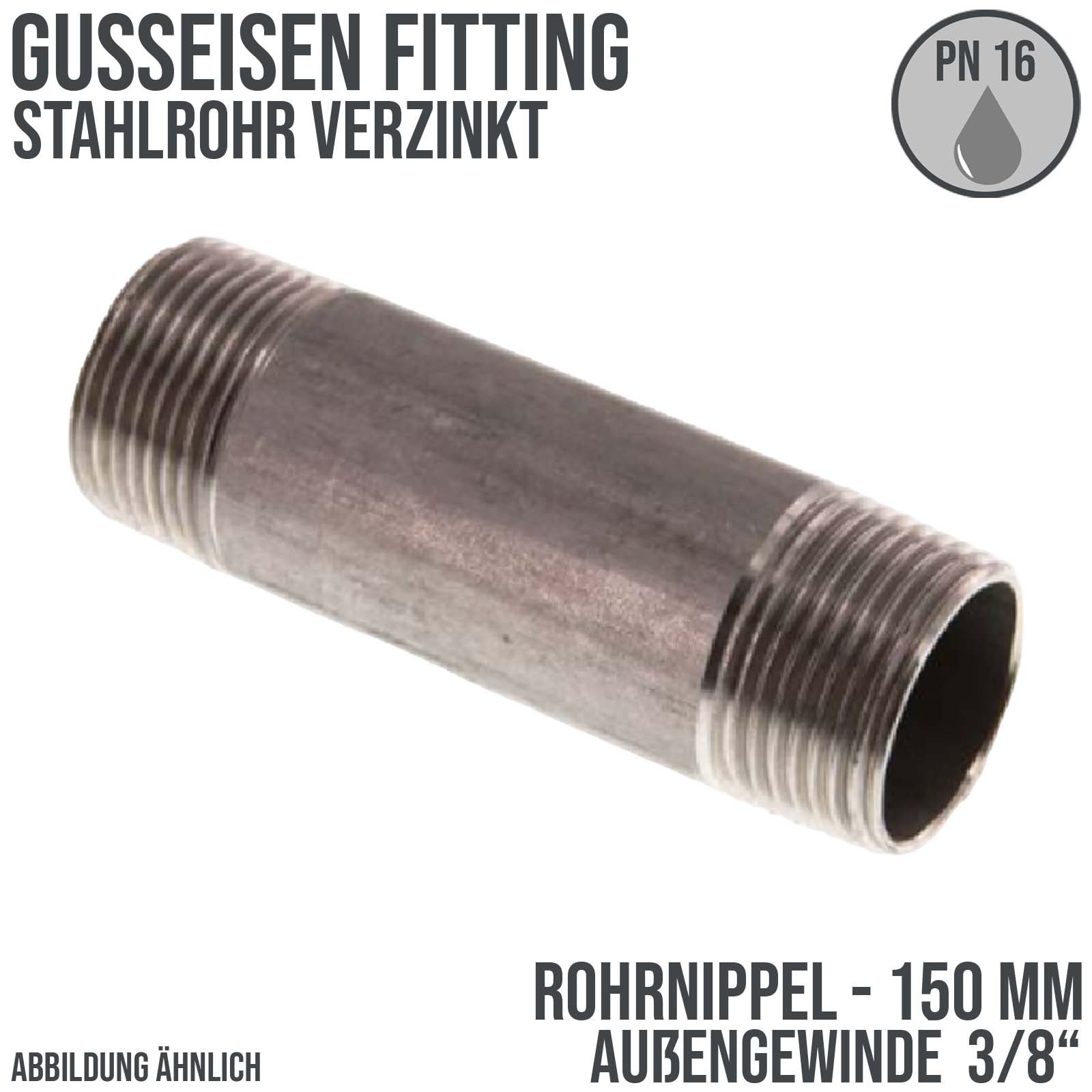 3/8" Rohrnippel Stahl verzinkt 150 mm Außen x Außengewinde AG Fittings - PN 16 bar