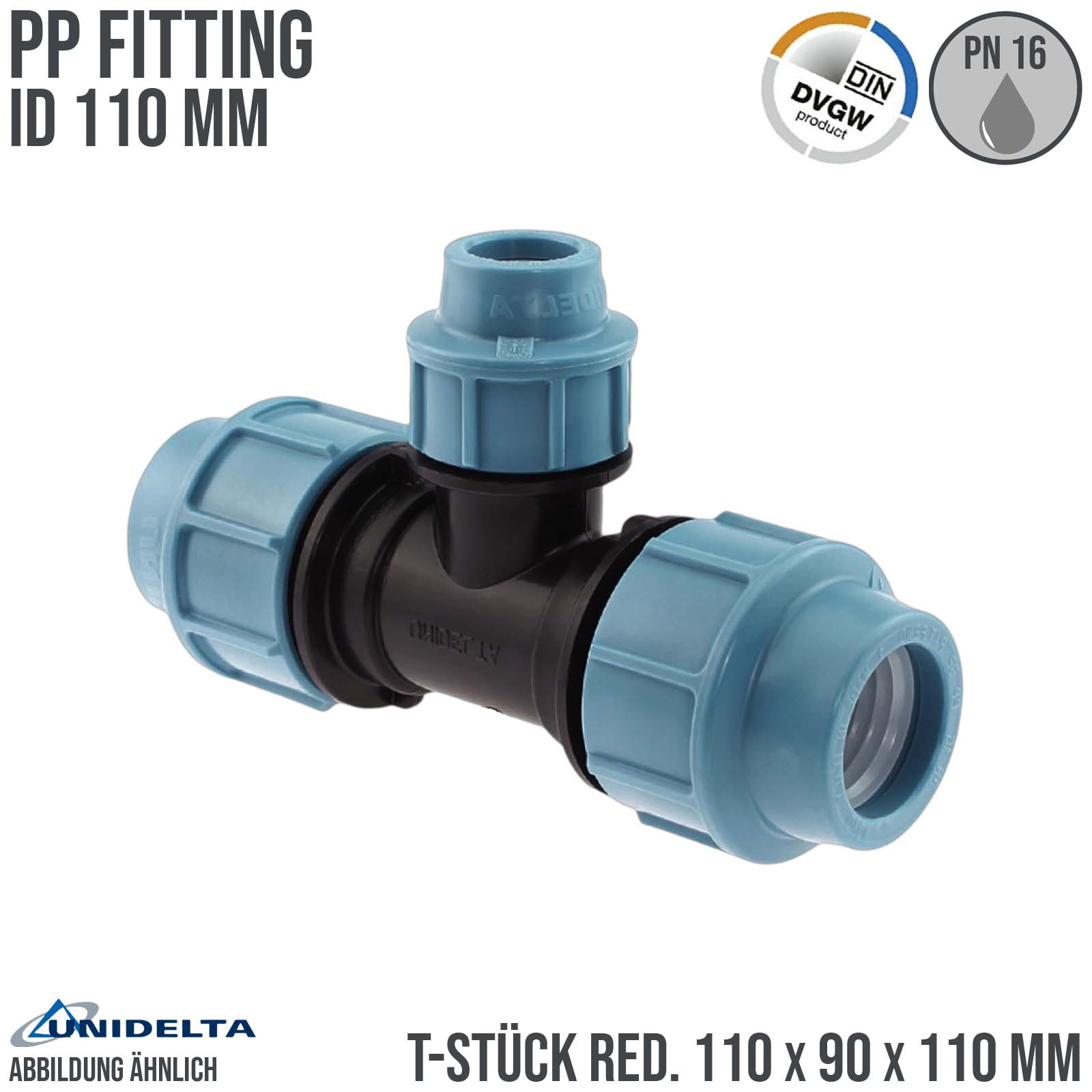 110 x 90 x 110 mm PE PP Fitting Klemm Verbinder Verschraubung Muffe reduziert T-Stück 90° DVGW - Unidelta