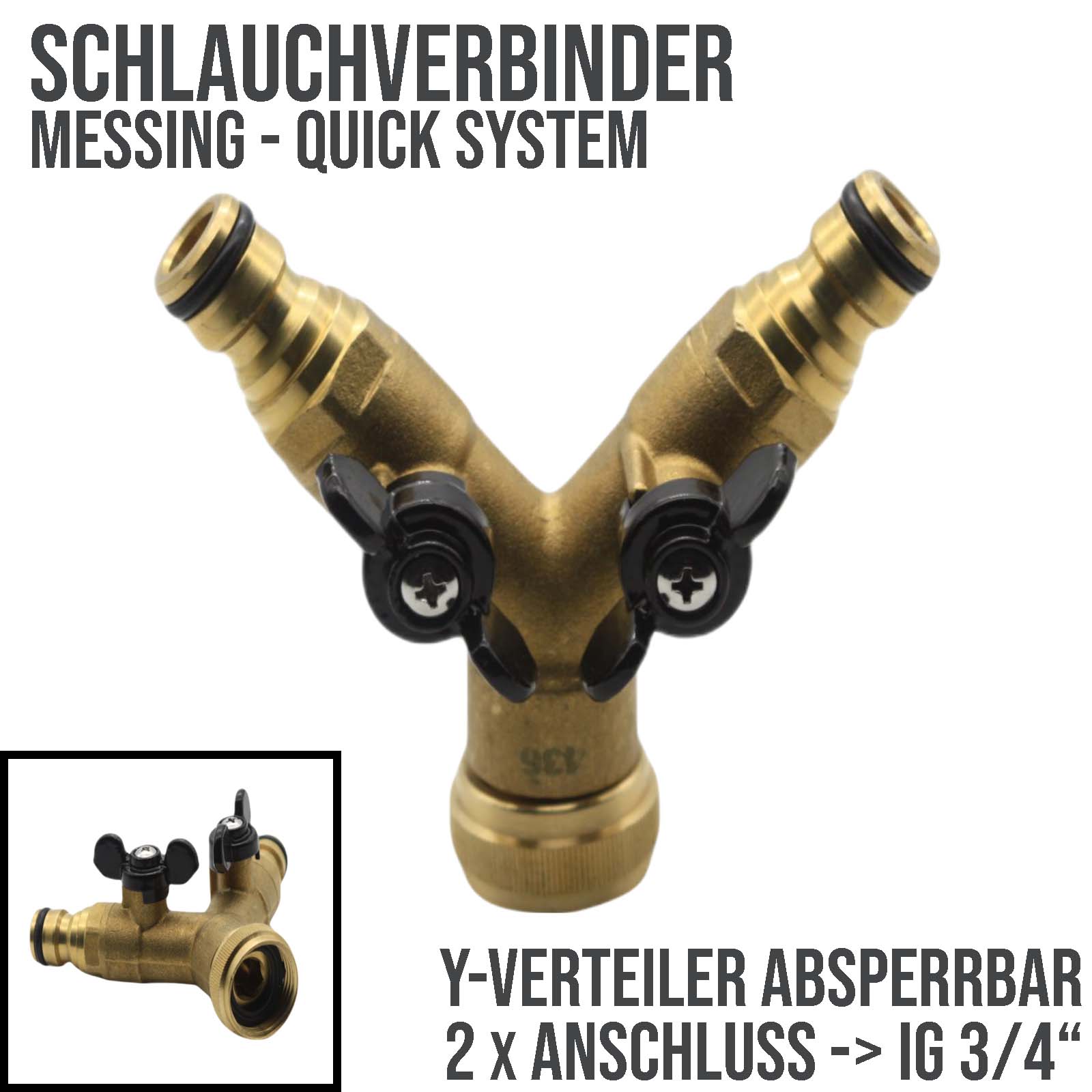 2-fach Y-Verteilerstück Click-System Quickconnect Messing absperrbar