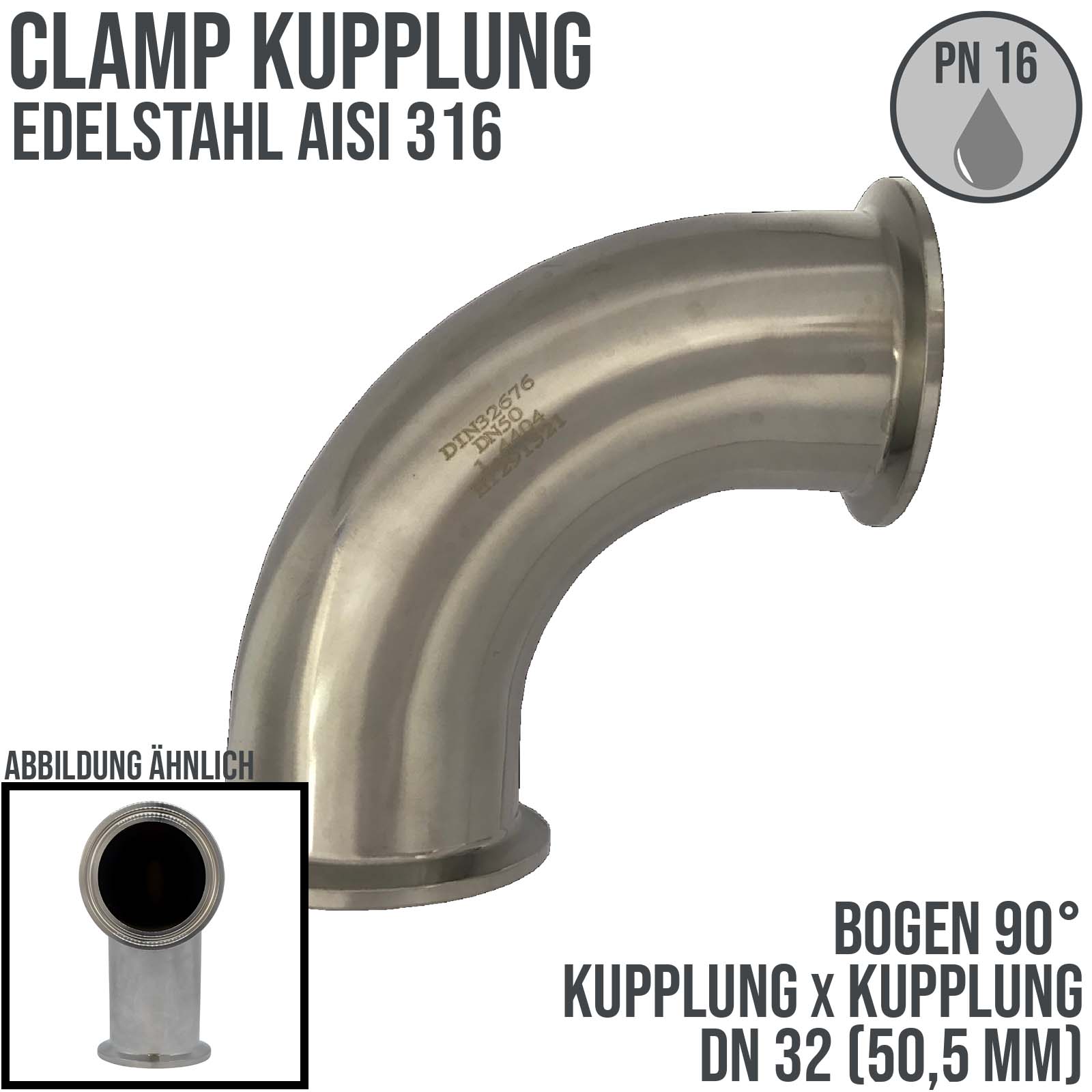 CLAMP Kupplung Bogen 90° 50,5 mm DIN 32676 Flansch Teller DN 32  1 1/4" - PN 16 bar