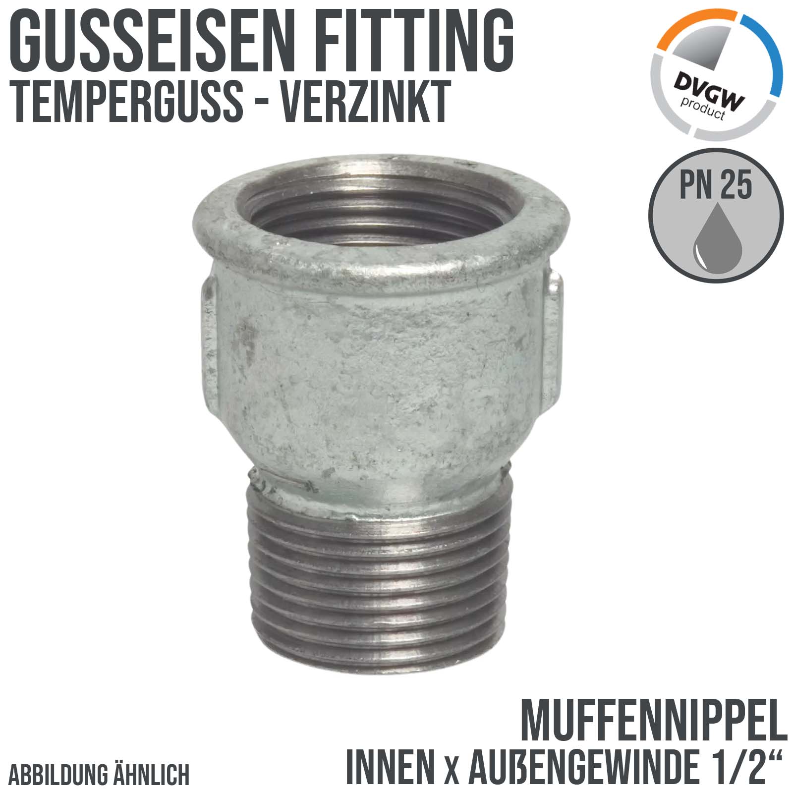 1/2" Gusseisen Temperguss Fitting Muffennippel Innen x Außengewinde IG AG DVGW PN 25 bar