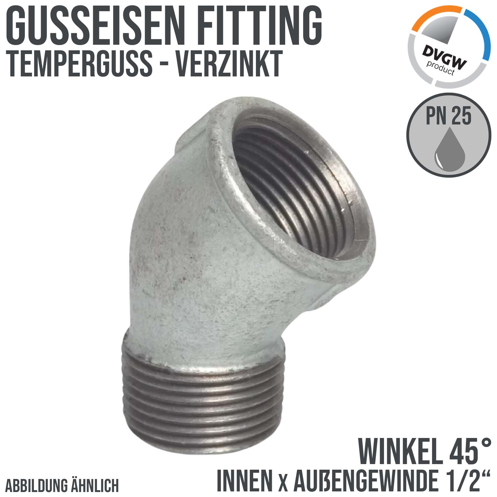 1/2" Gusseisen Temperguss Fitting Winkel 45° Innen x Außengewinde IG x AG DVGW PN 25 bar