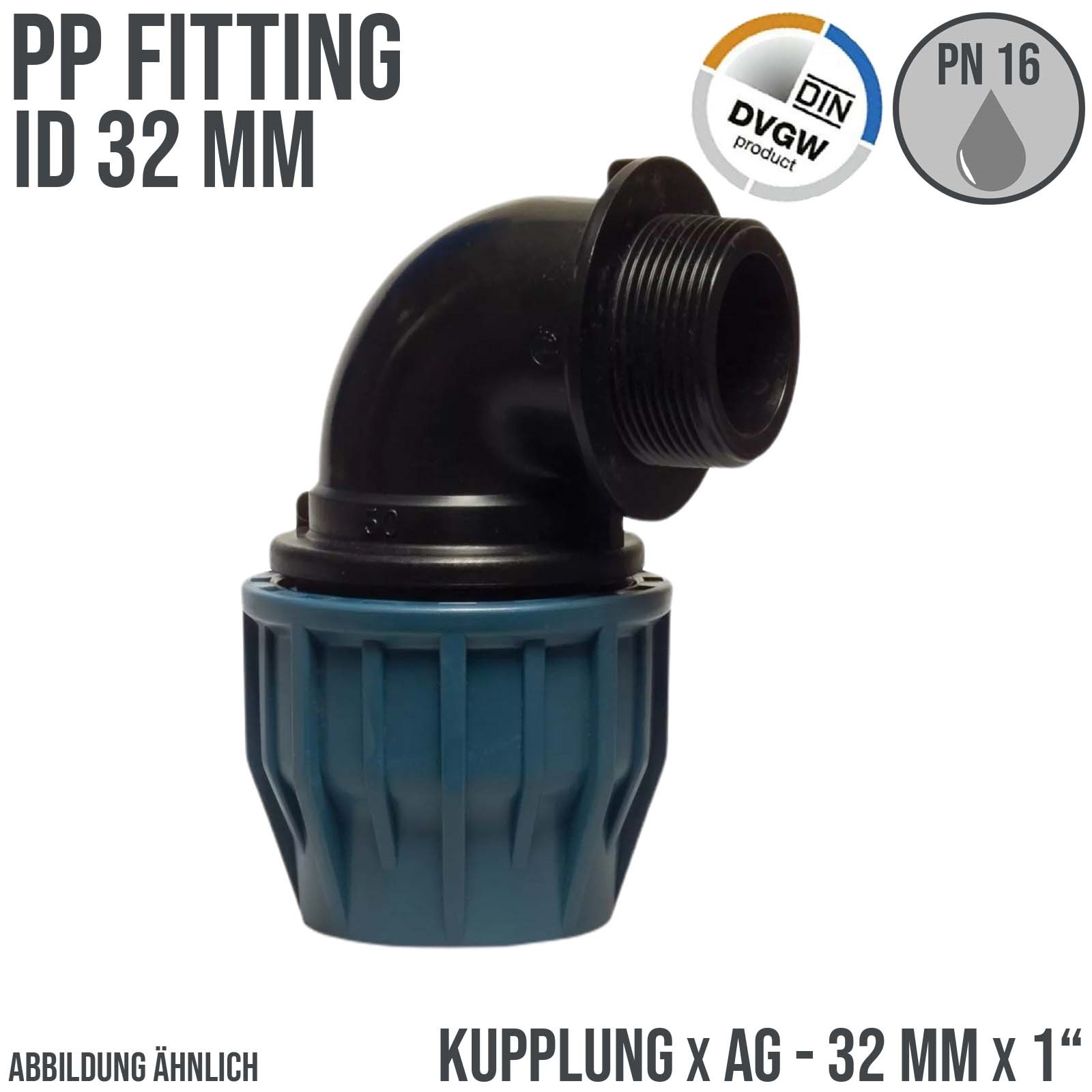 32 mm x 1" PE PP Fitting Klemm Verbinder Verschraubung Rohr Winkel 90° x AG DVGW - PN 16 bar 