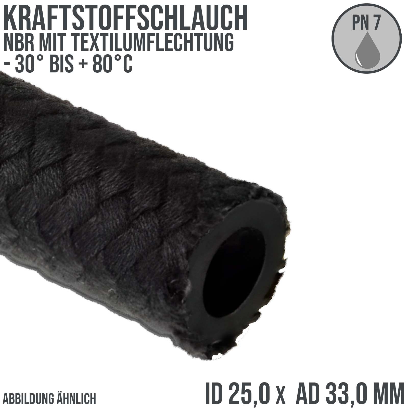 25,0 x 33,0 mm Kraftstoff Benzin Öl Schlauch Textilgeflecht NBR schwarz DIN 73379 - PN 7 bar