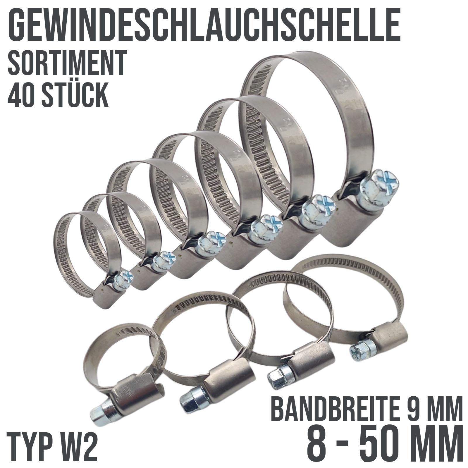 40 Stück - Schlauchschellen Klemmschellen Edelstahl 8-50mm W2 Sortiment Set
