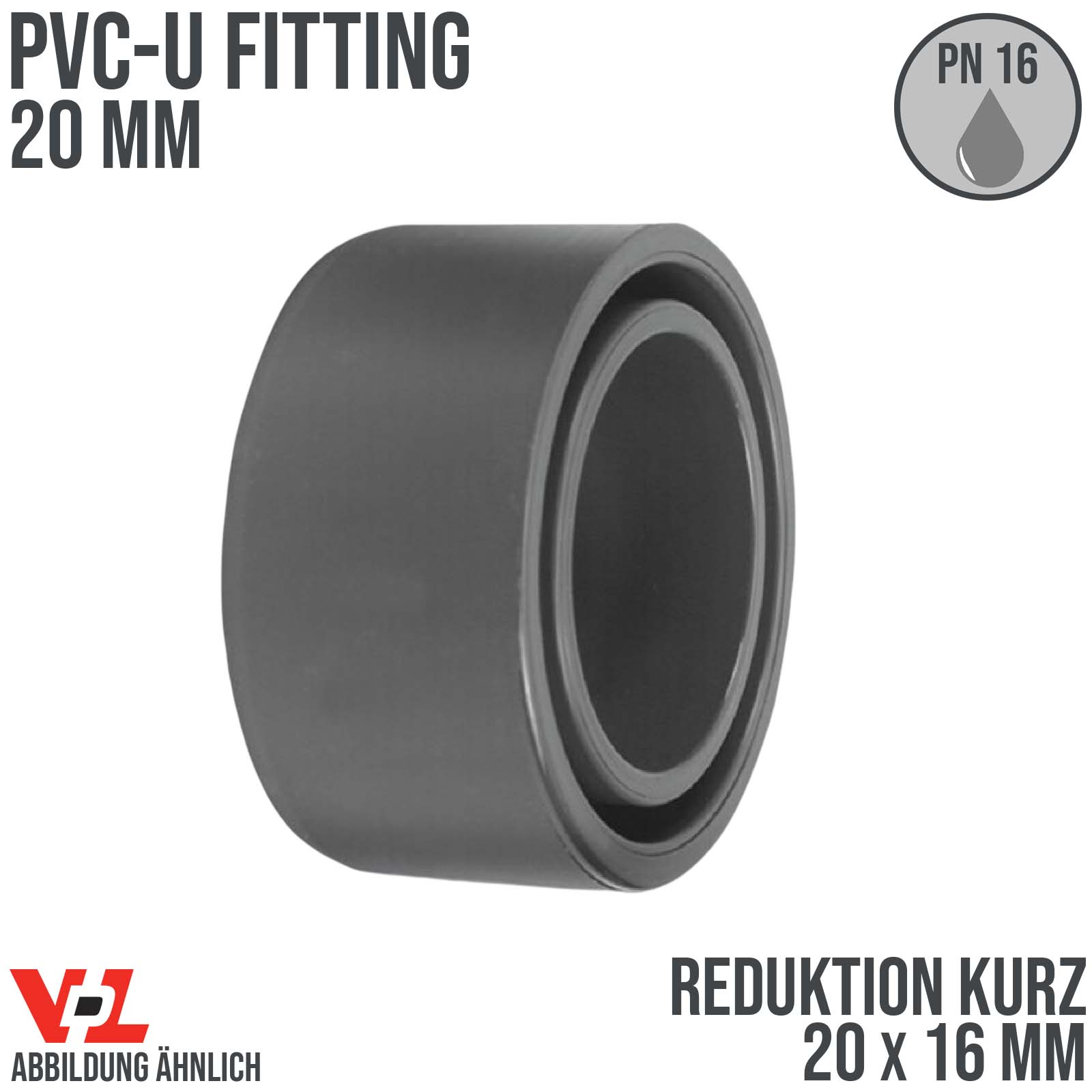 20 x 16 mm VDL PVC Klebe Fitting Reduktion kurz Muffe Verbinder - PN 16 bar