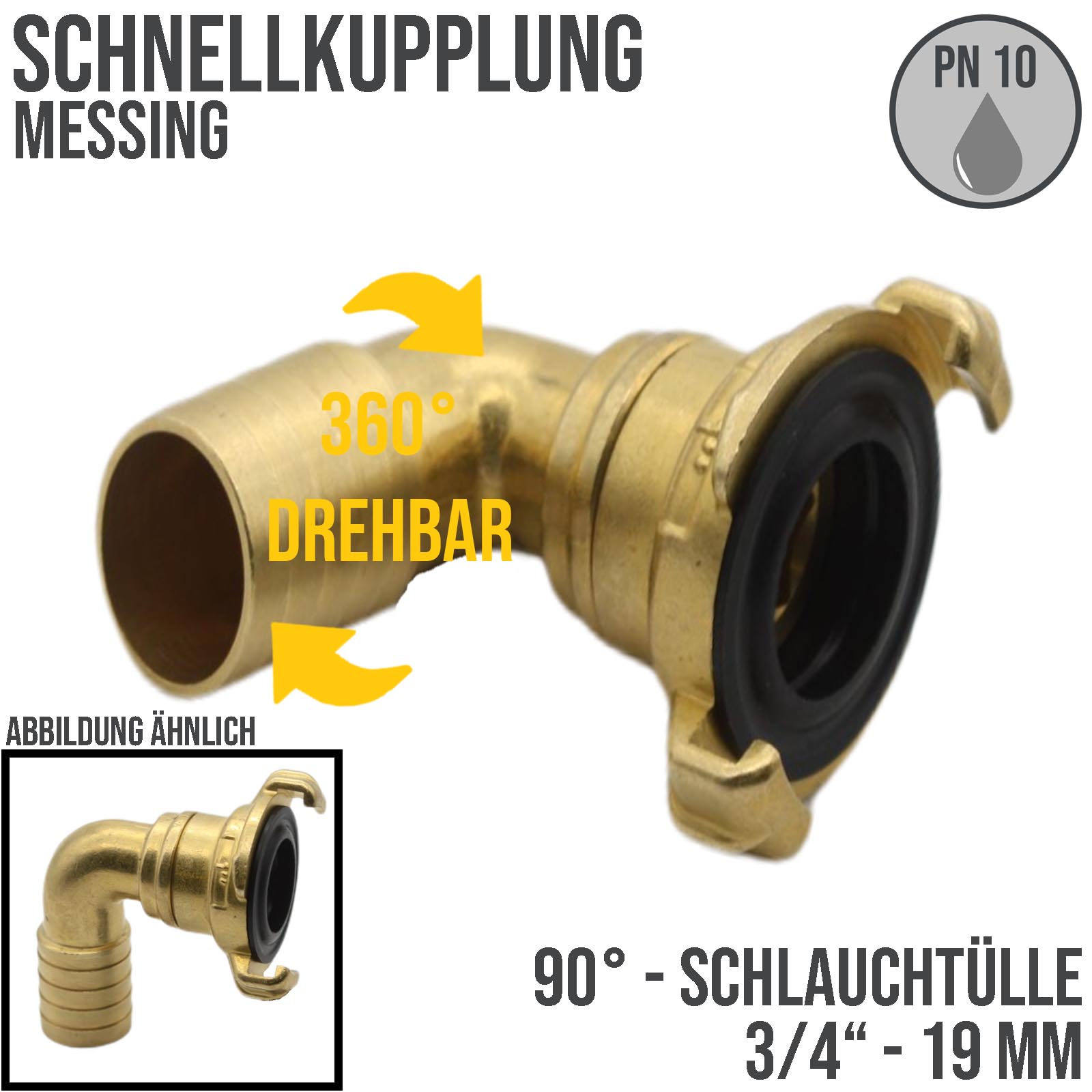 3/4" 19 mm Messing Schlauch Schnell Kupplung 90° Winkel Tülle drehbar (GEKA kompatibel) - PN 10 bar