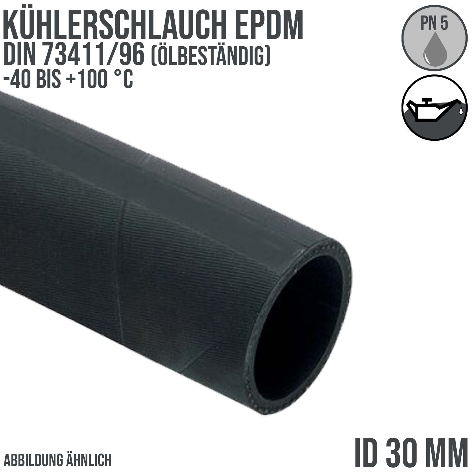 30 x 39 mm Kühler Heißwasser Universal Schlauch NBR/CR ölbeständig (ähnl. DIN73411/96) schwarz - PN 5 bar - 40 m