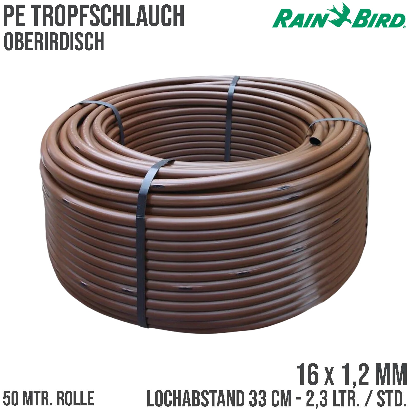 Rain Bird Tropfschlauch Oberirdisch PE 16 mm x 1,2 mm 2.3ltr/h 33 cm braun Typ PC inline XFD - 50 m