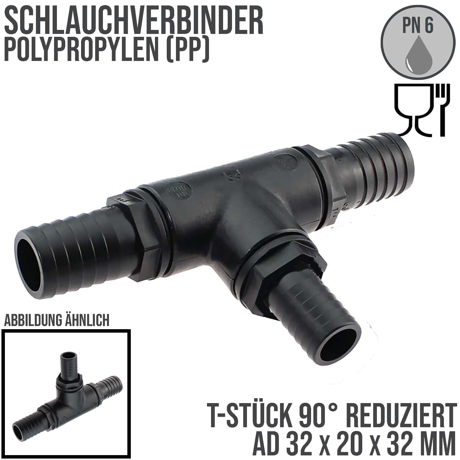 32 x 20 x 32 mm T-Stück 90° Schlauch Verbinder 3-fach Stutzen Tülle Pool Teich Garten schwarz - PN 6 bar