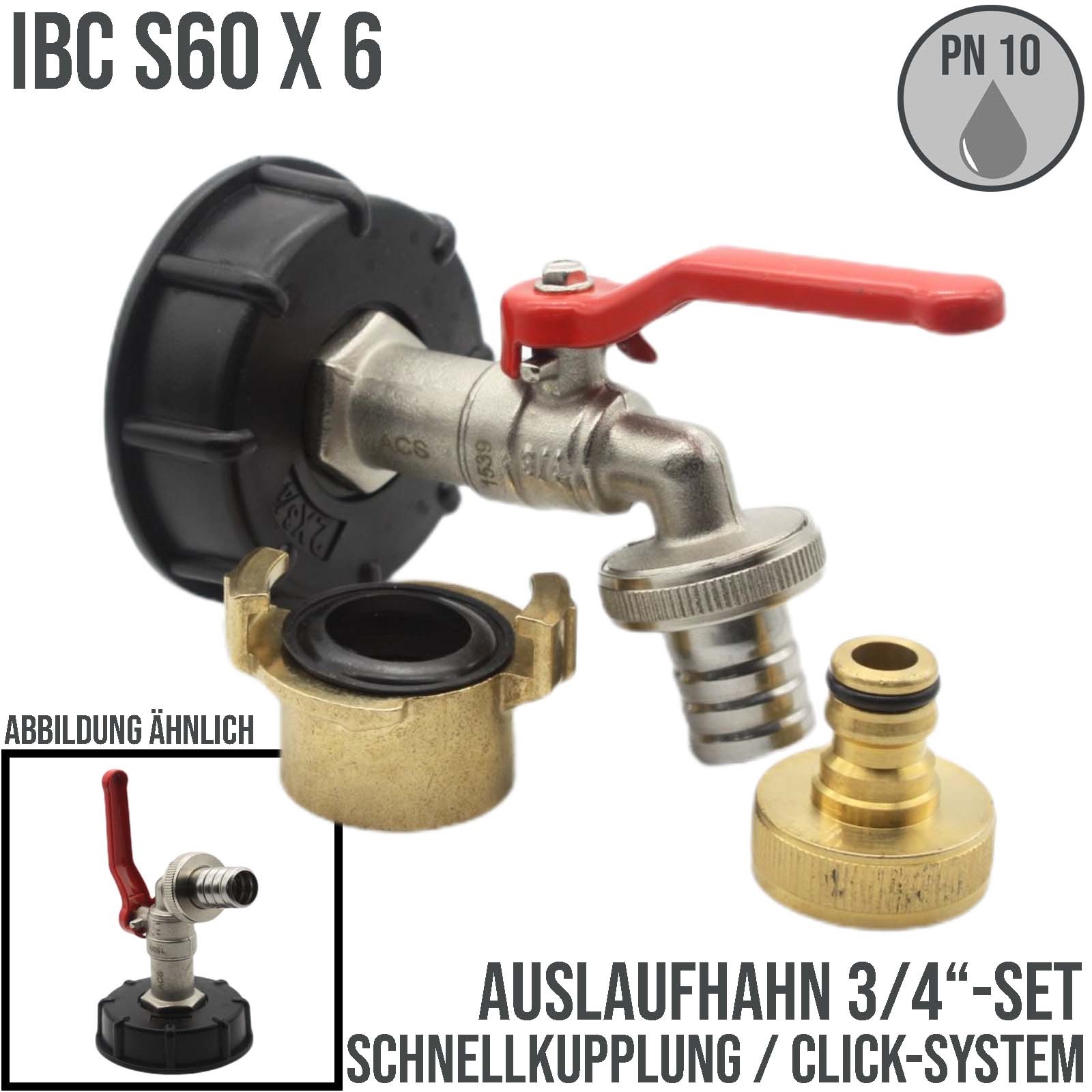S60 x 6 IBC 3/4" Auslauf Hahn Ventil PROFI SET Messing Container Tank Zubehör