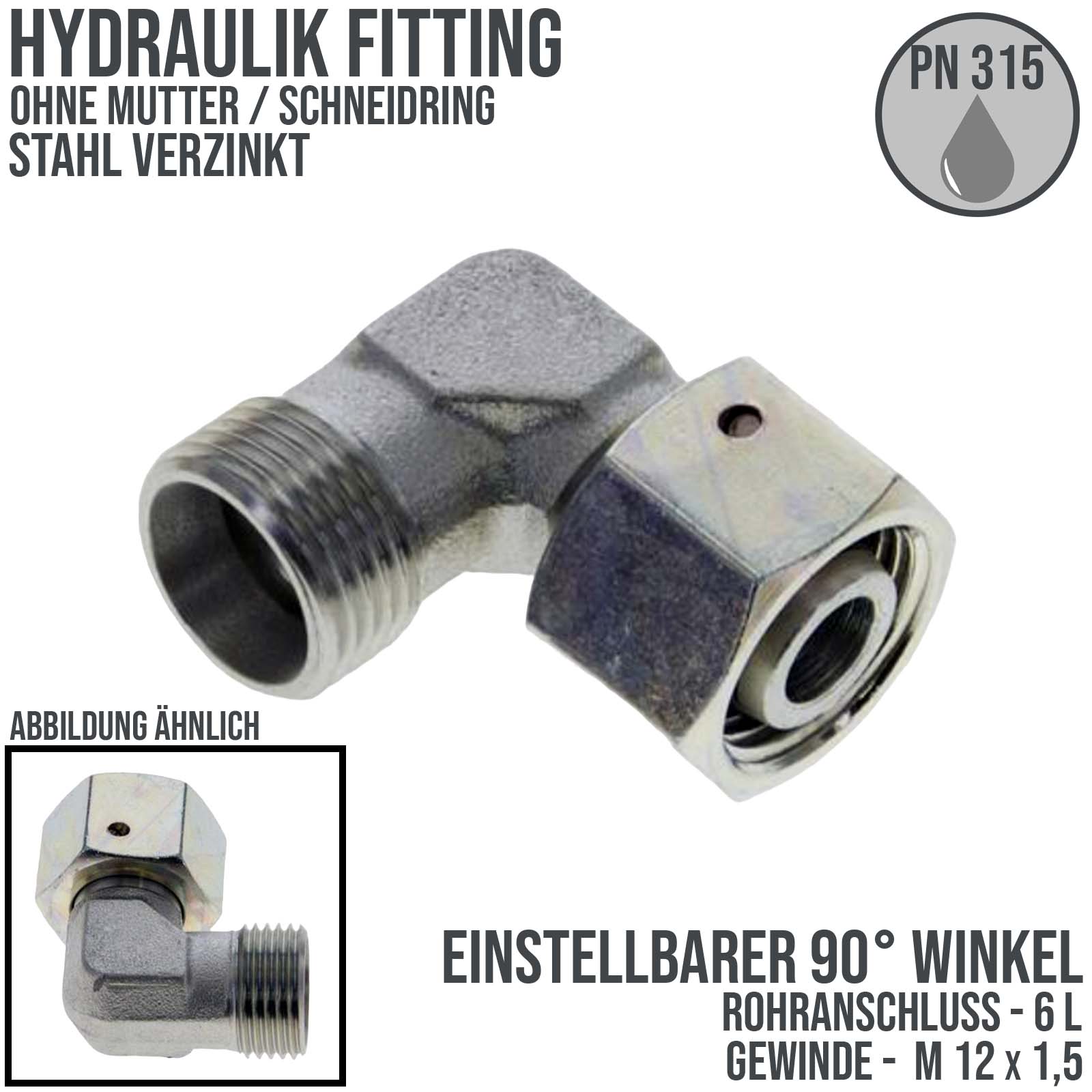 Hydraulik Verschraubung einstellbarer Winkel 90° 6 L  (M 12 x1,5) AG x IG ohne Mutter / Schneidring