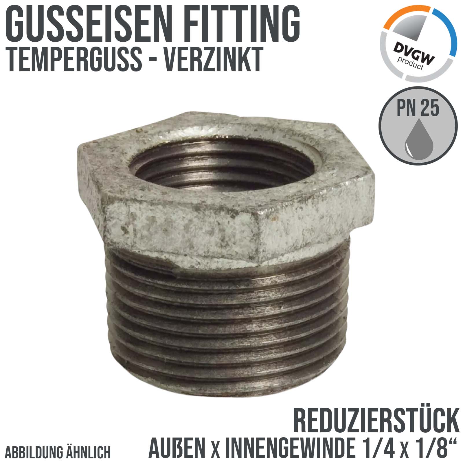 1/4" x 1/8" Gusseisen Temperguss Reduzierstück Außen x Innengewinde AG x IG PN 25 bar