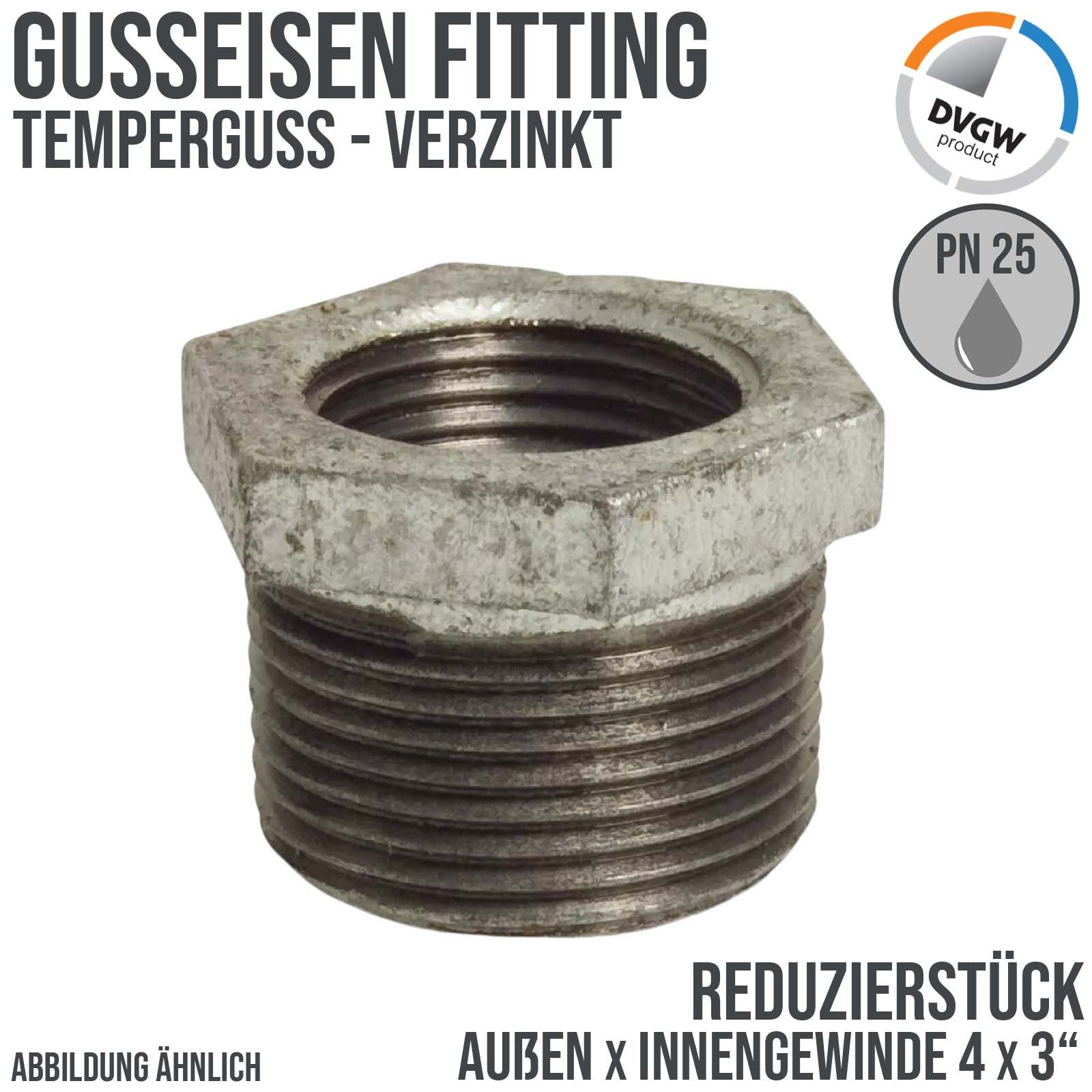 4" x 3" Gusseisen Temperguss Reduzierstück Außen x Innengewinde AG x IG DVGW PN 25 bar