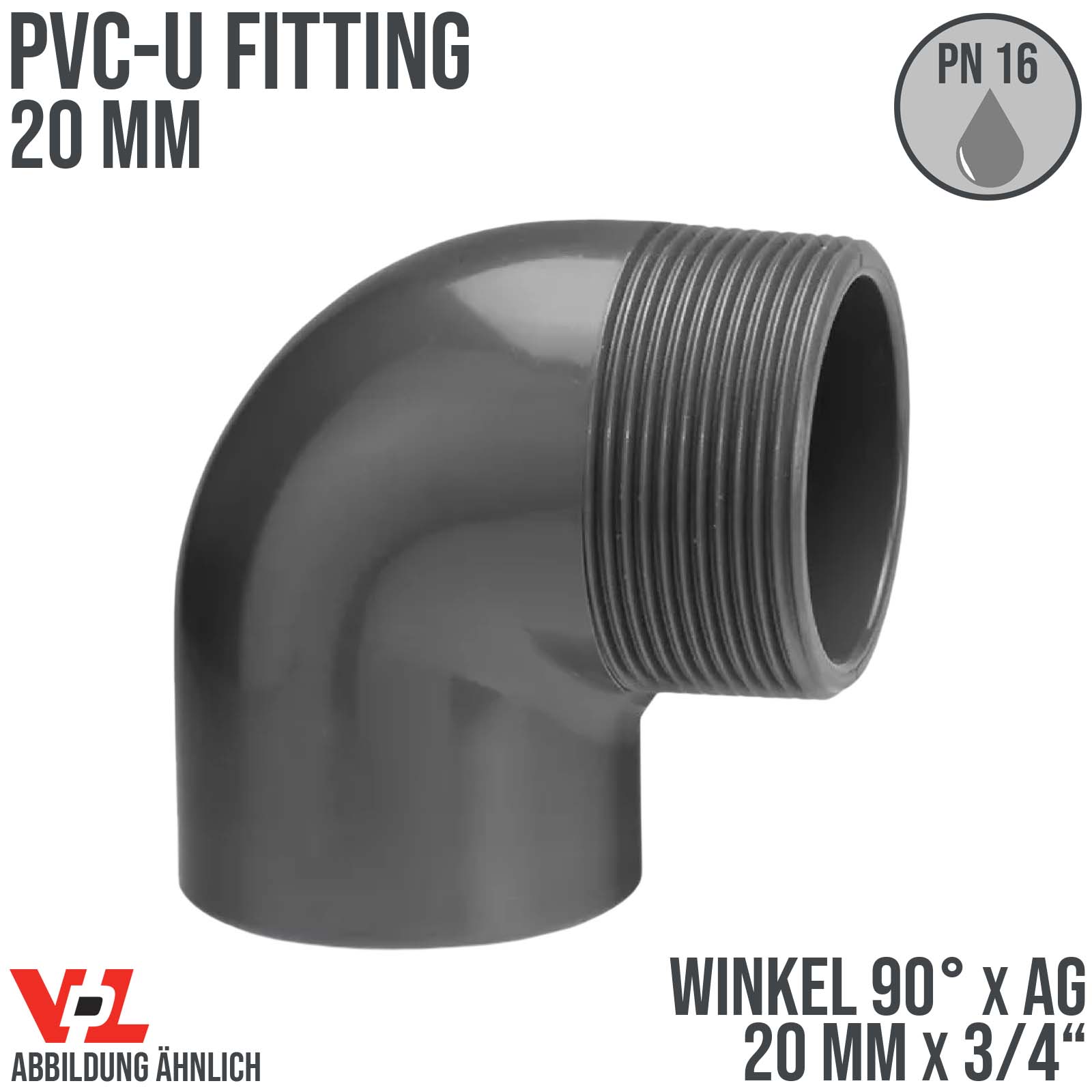20 mm VDL PVC Klebe Fitting Winkel 90° Außengewinde AG 20 mm x 3/4" - PN 16 bar