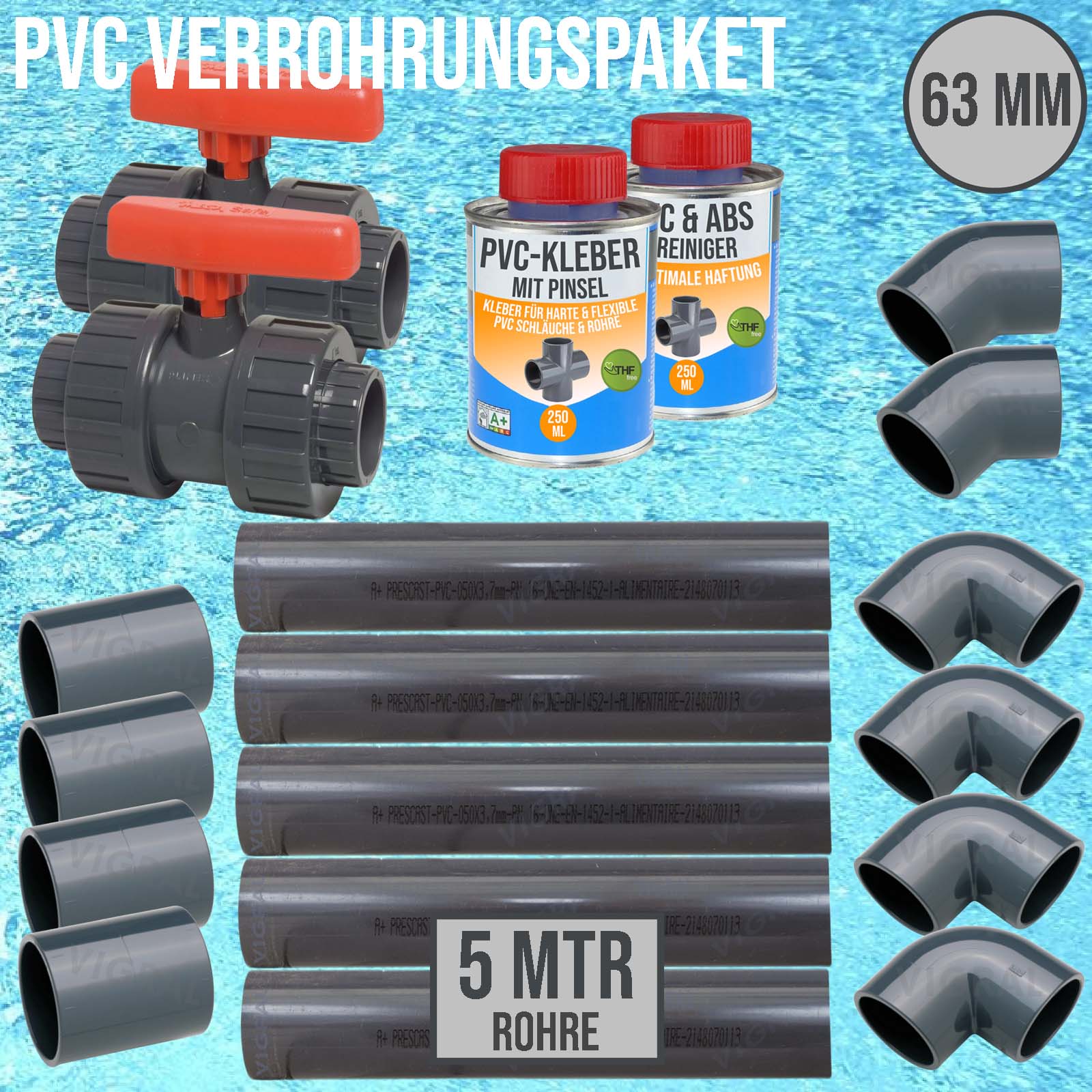 63 mm PVC Klebe Fittings Verrohrungspaket Pool Schwimmbad Schlauch Rohr FEST 5 m - rot
