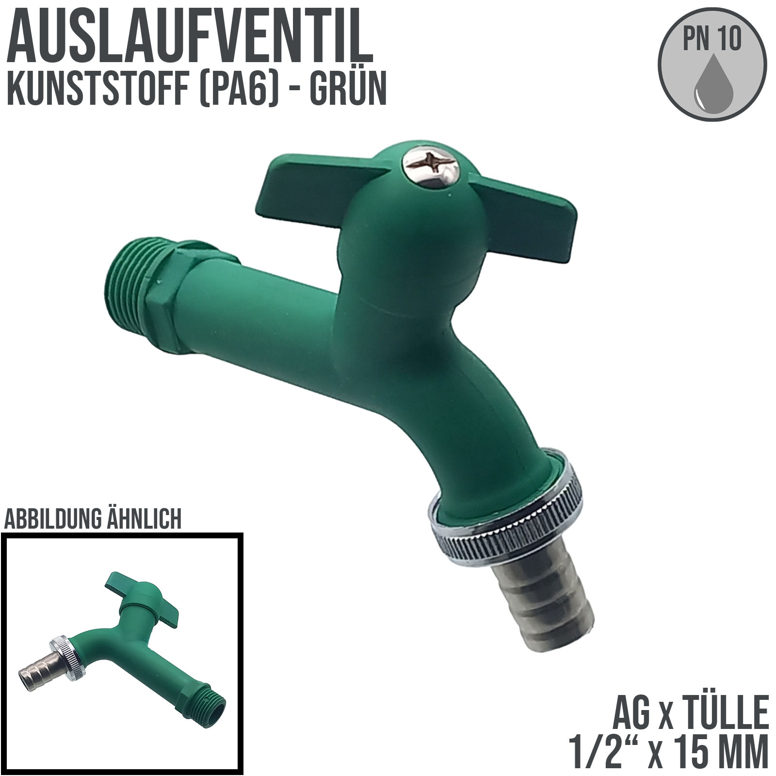 1/2" AG Kunstoff (PA 6) Auslauf Ventil Wasser Hahn Tülle 15 mm KTW - grün