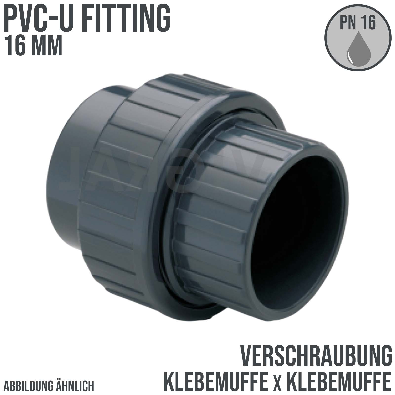 16 mm PVC Klebe Fitting Verschraubung 2-fach Muffe Verbinder - PN 16 bar