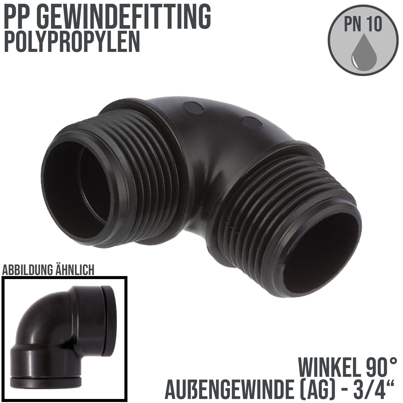 3/4 " PP Gewinde Fitting Winkel 90° schwarz Außen x Außengewinde IG Polypropylen - PN 10 bar