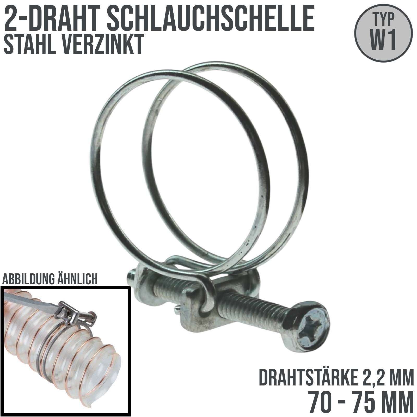 70 - 75 mm 2-Draht Schlauch Schelle W1 Stahl verzinkt Schraube M6 x 50 Draht 2,2 mm