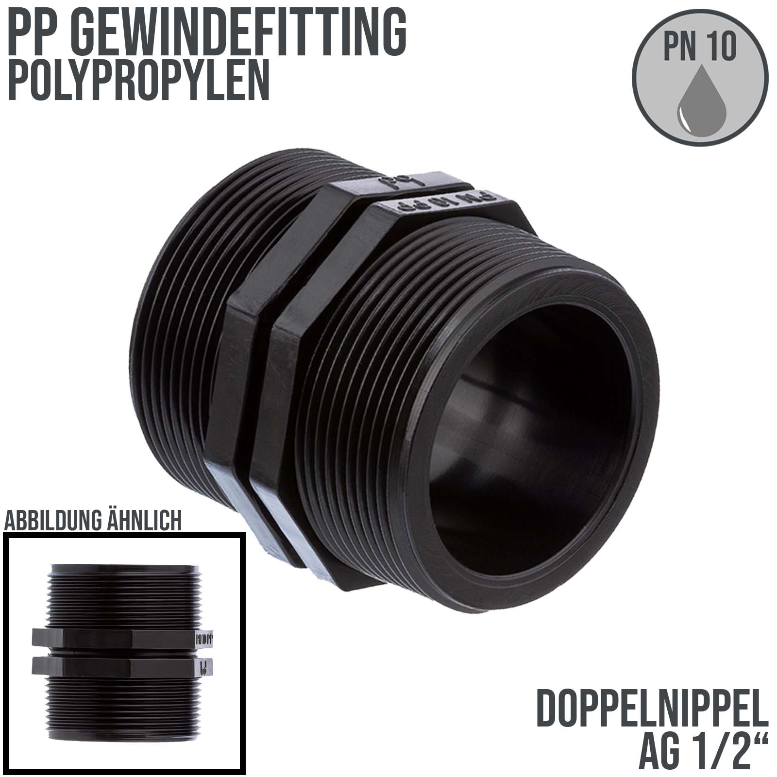 1/2" PP Gewinde Fitting Doppel Nippel schwarz Außengewinde AG Polypropylen - PN 10 bar