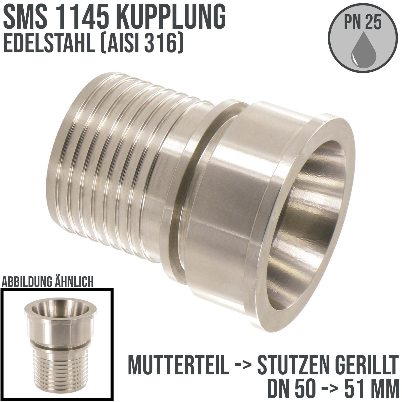 DN 50 SMS Kupplung 1145 Mutterteil MT Außengewinde Sicherungsbund - Stutzen gerillt 51 mm - PN 25 bar