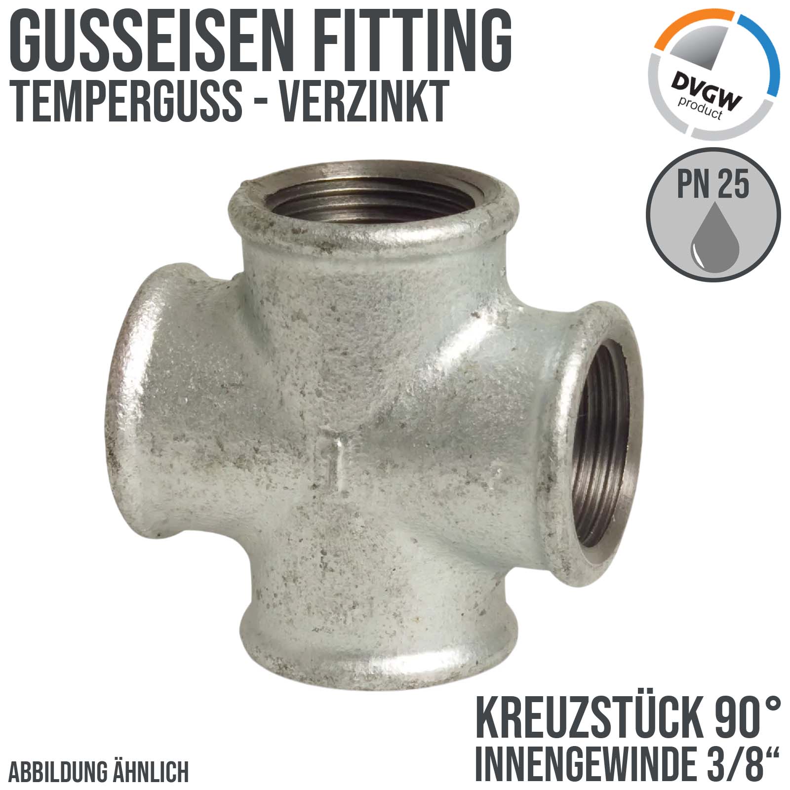 3/8" Gusseisen Temperguss Fitting Kreuzstück Innengewinde IG DVGW PN 25 bar