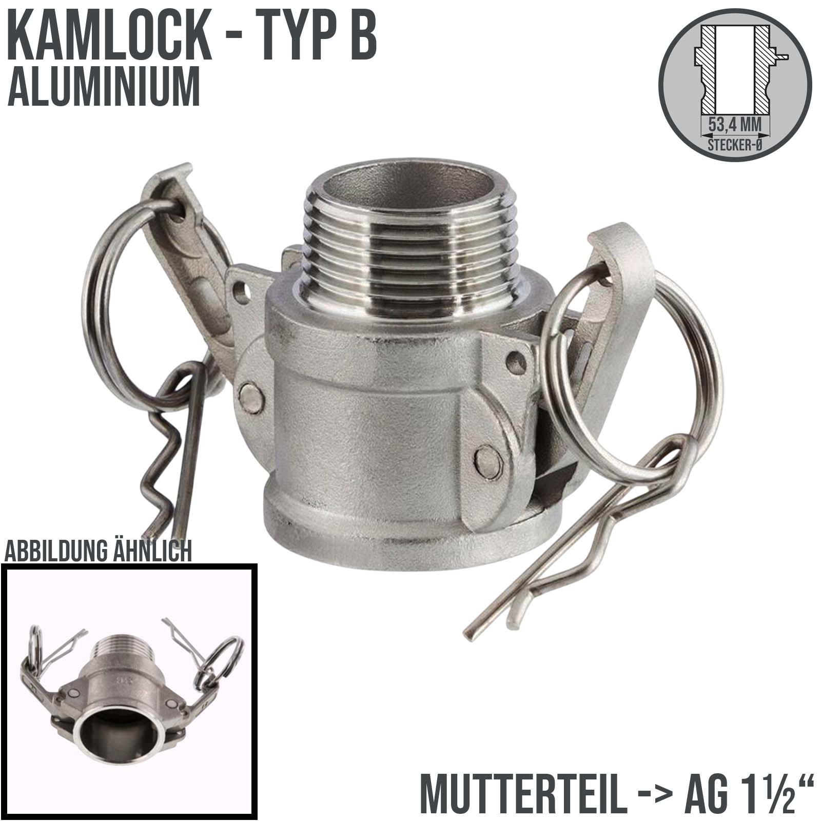 Kamlock Typ B - Mutterteil (53,4 mm) Aluminium ALU mit Außengewinde (AG) 1 1/2" Zoll DN38 - PN 10 bar