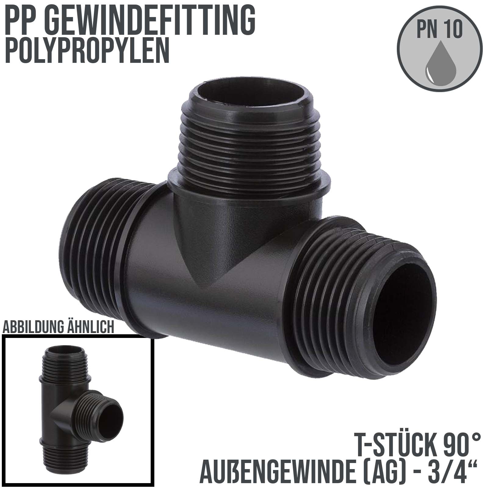 3/4 " PP Gewinde Fitting T-Stück 90° schwarz Außen x Außengewinde IG Polypropylen - PN 10 bar