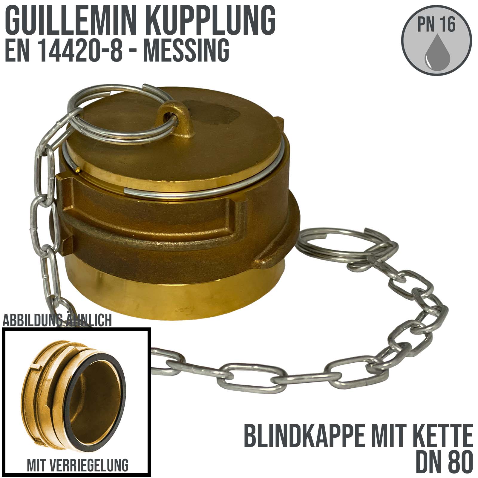 DN 80 Guillemin Kupplung Blind Kappe Verschluss Verriegelung mit Kette Messing - PN 16 bar
