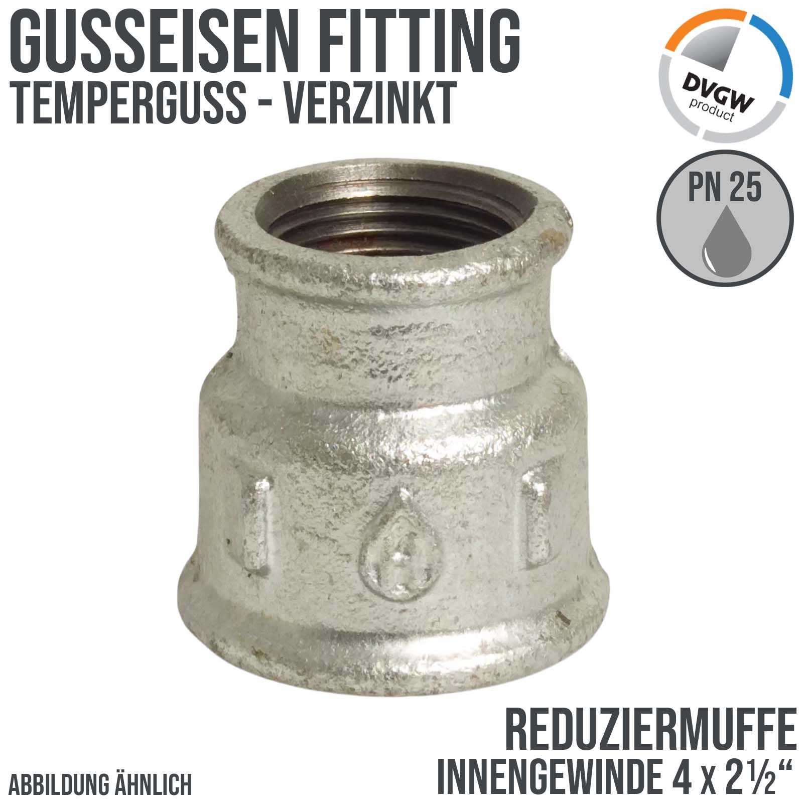 4" x 2 1/2" Gusseisen Temperguss Reduziermuffe Innengewinde IG DVGW PN 25 bar