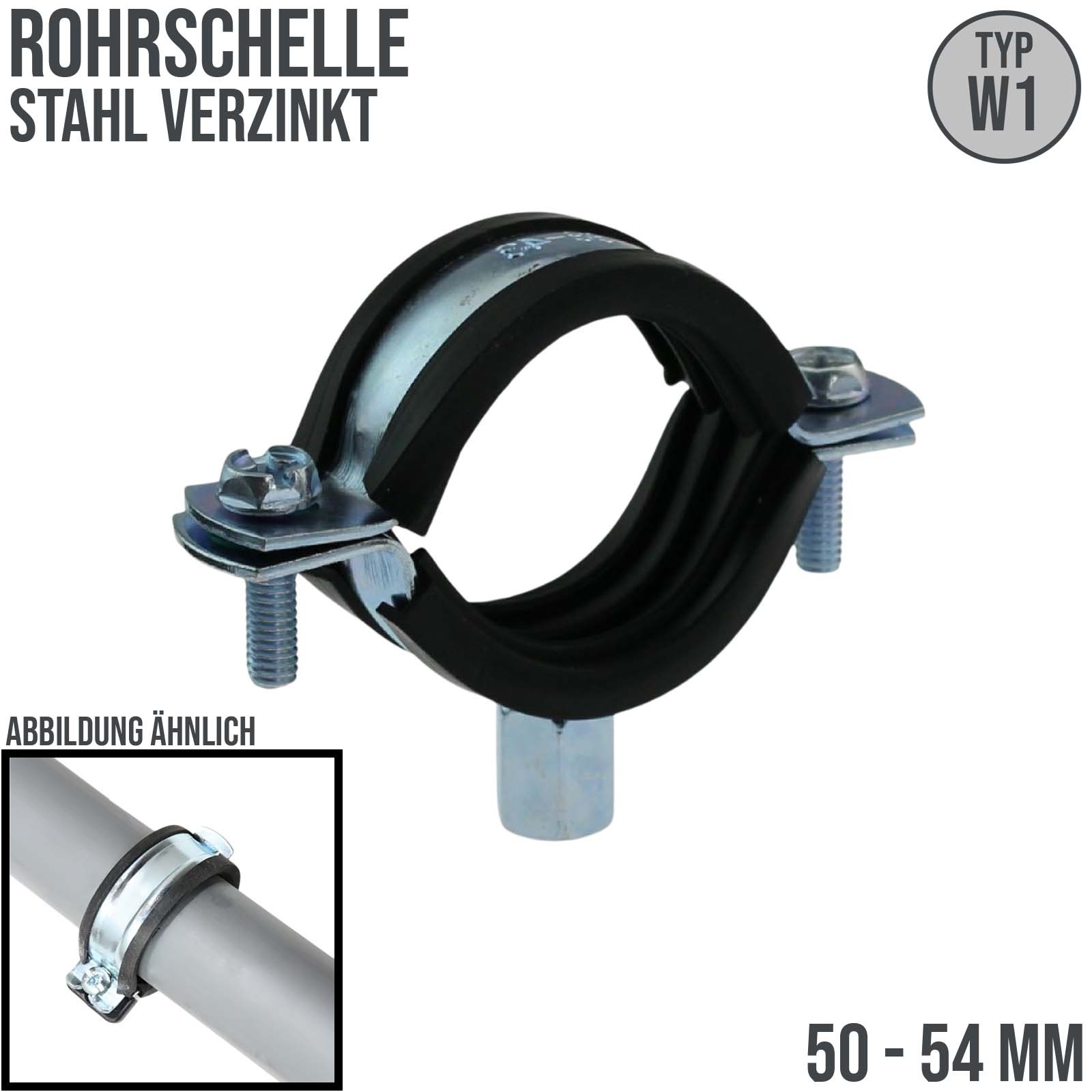 50 - 54 mm Rohr Schraub Schelle Klemme mit Gummieinlage M8 M10 2-teilig W1 Stahl verzinkt DIN 4109